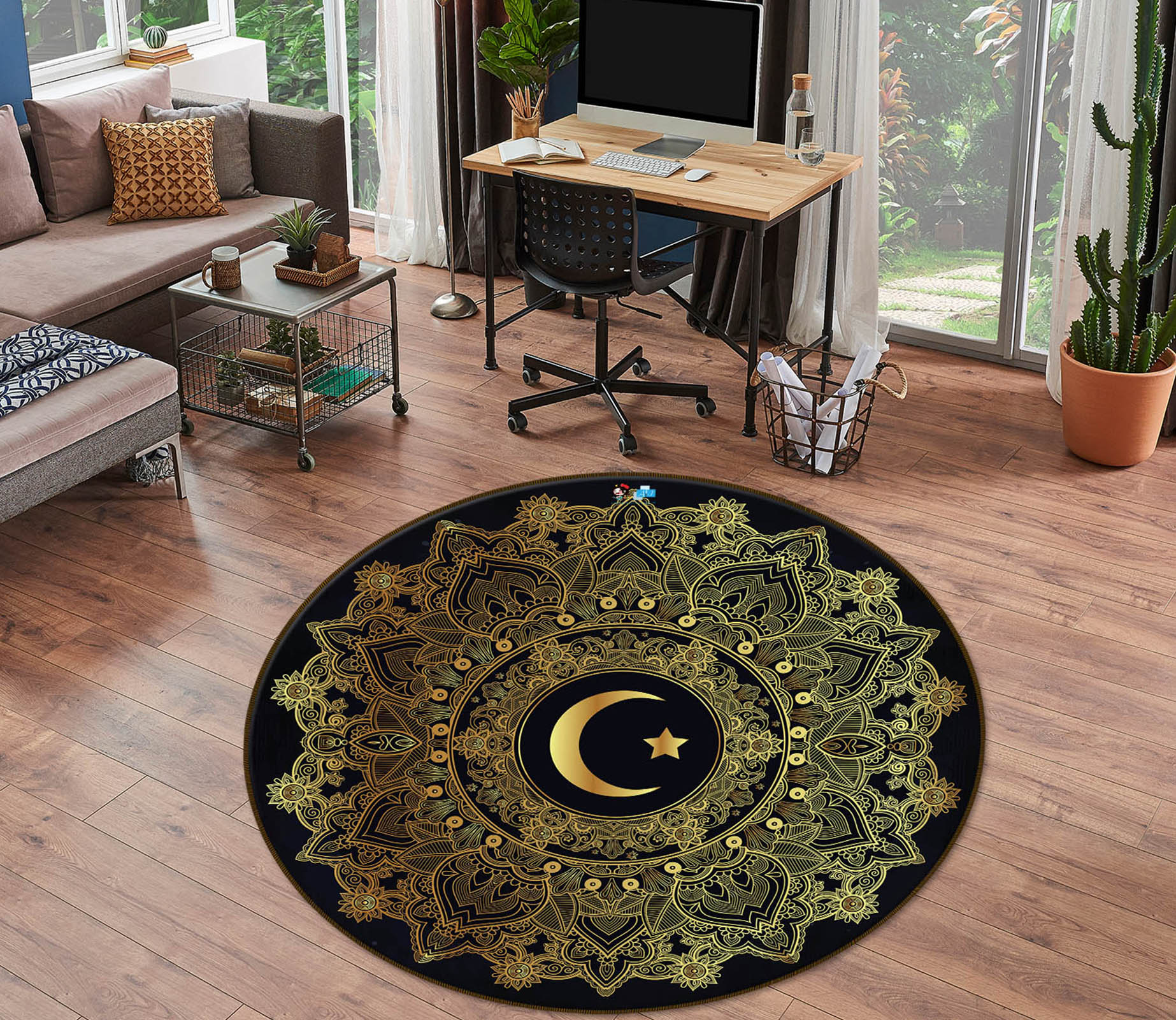 3D Golden Moon Pattern 75028 Round Non Slip Rug Mat