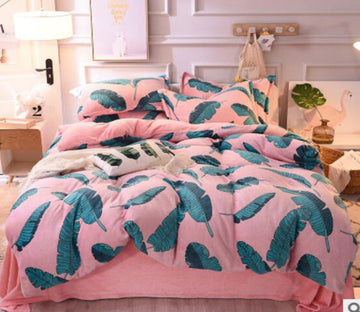 3D Pink Bottom Green Leaves 14003 Bed Pillowcases Quilt