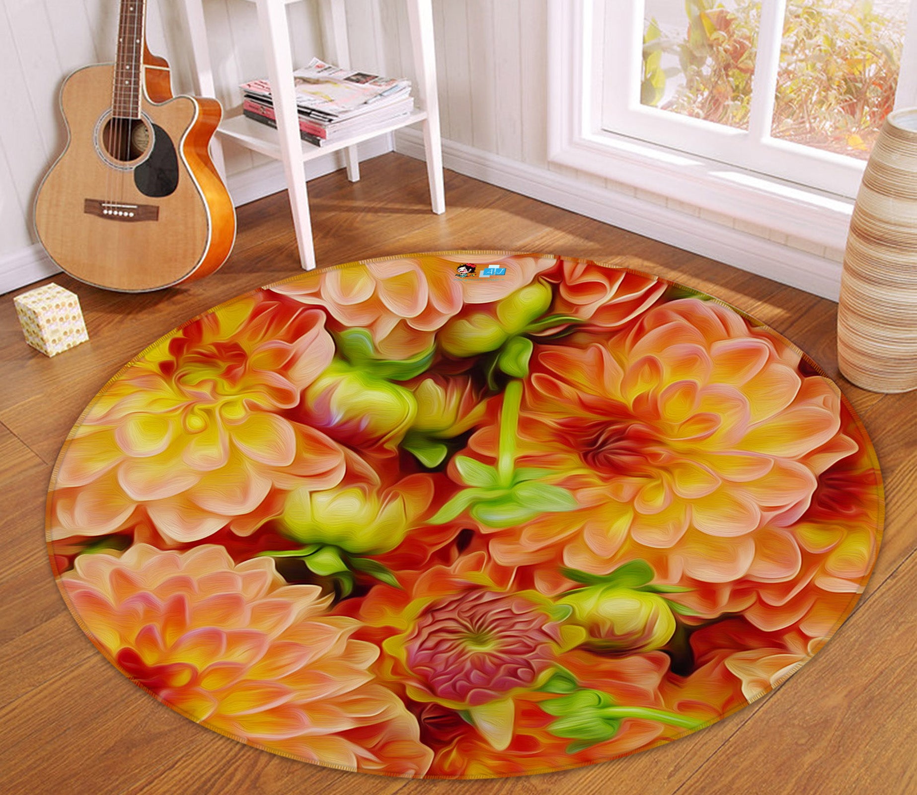 3D Orange Flowers 74038 Round Non Slip Rug Mat