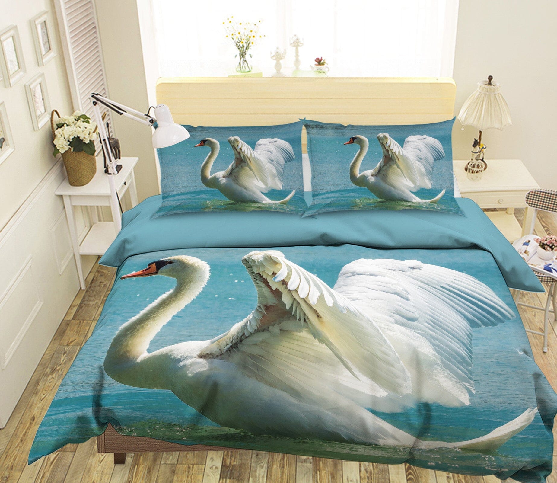 3D White Swan 1945 Bed Pillowcases Quilt Quiet Covers AJ Creativity Home 