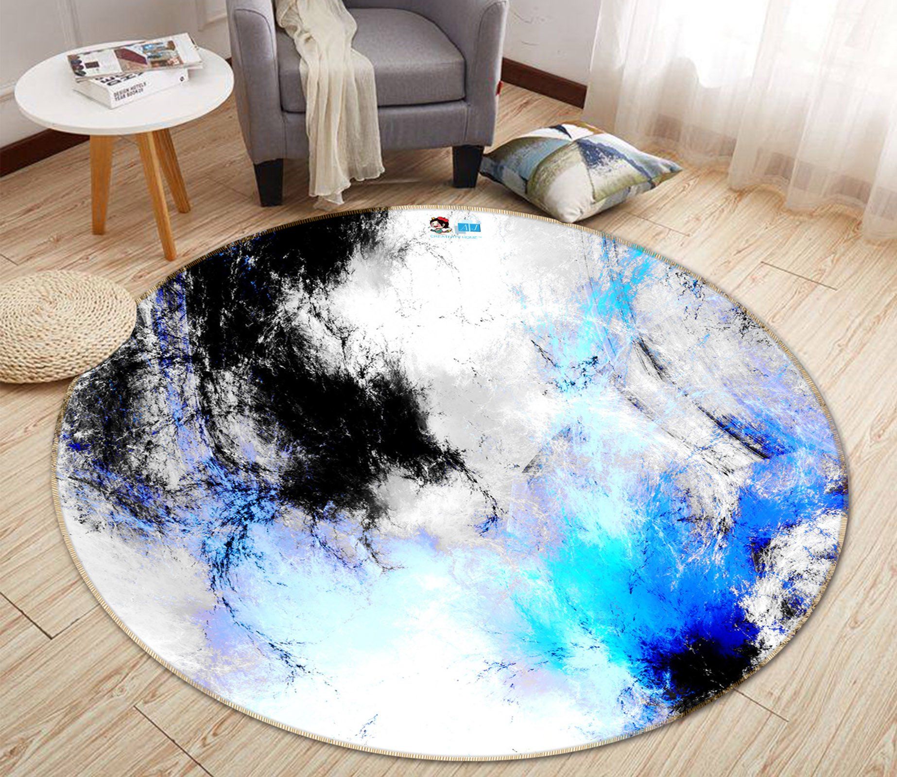 3D White Blue Abstract 95 Round Non Slip Rug Mat Mat AJ Creativity Home 