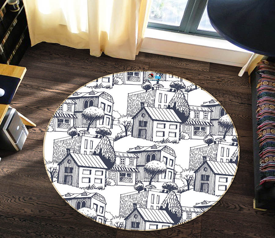 3D Houses Pattern 64049 Round Non Slip Rug Mat