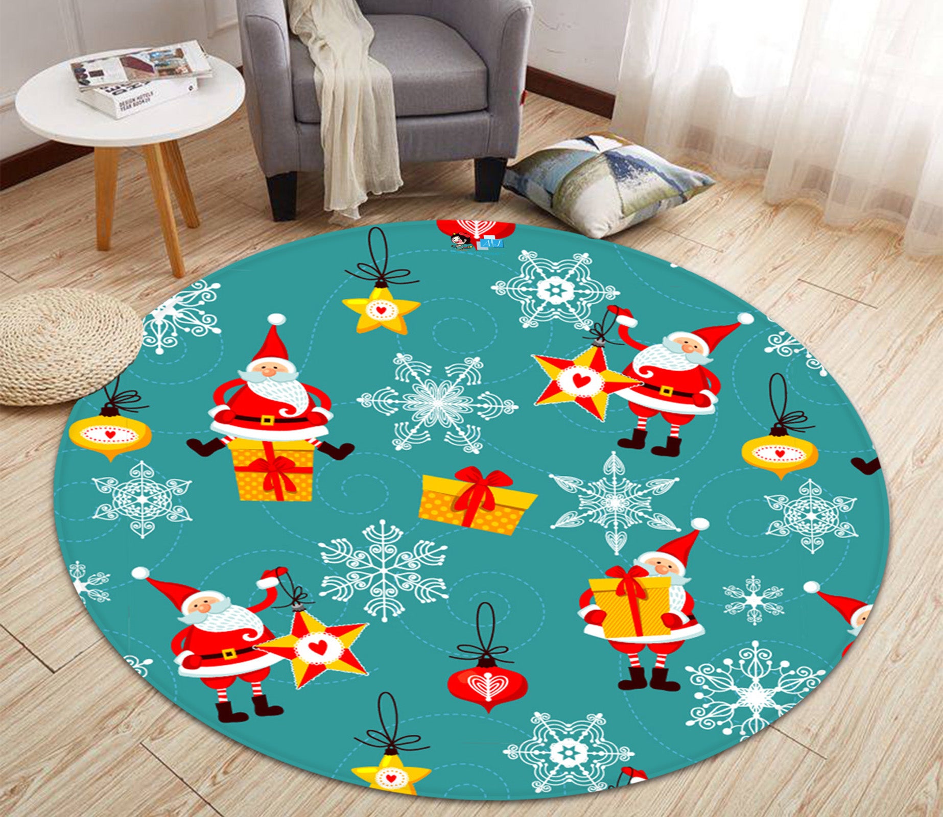 3D Santa Snowflake Pattern 66024 Christmas Round Non Slip Rug Mat Xmas