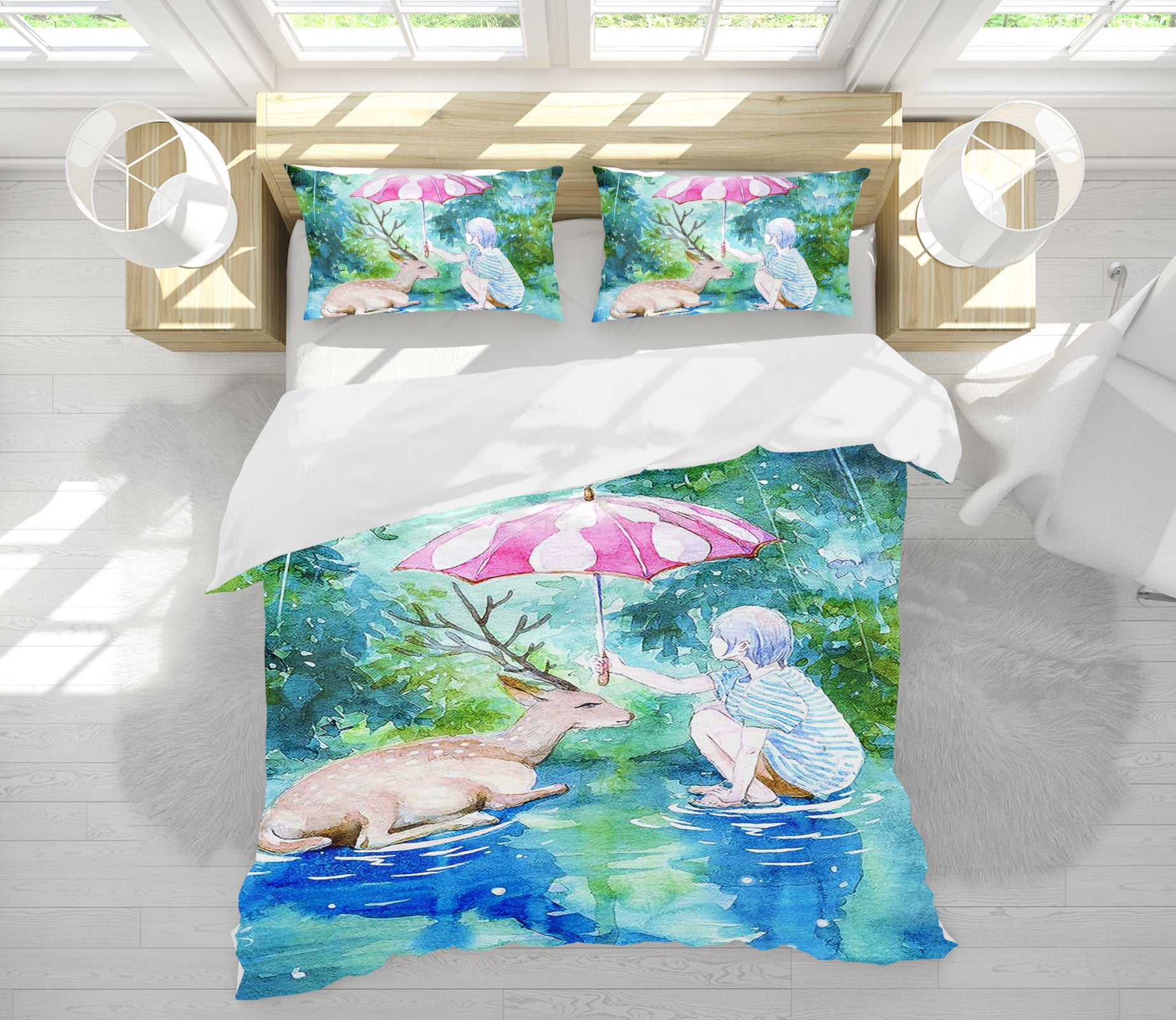 3D Girl Umbrella Deer 12147 Bed Pillowcases Quilt