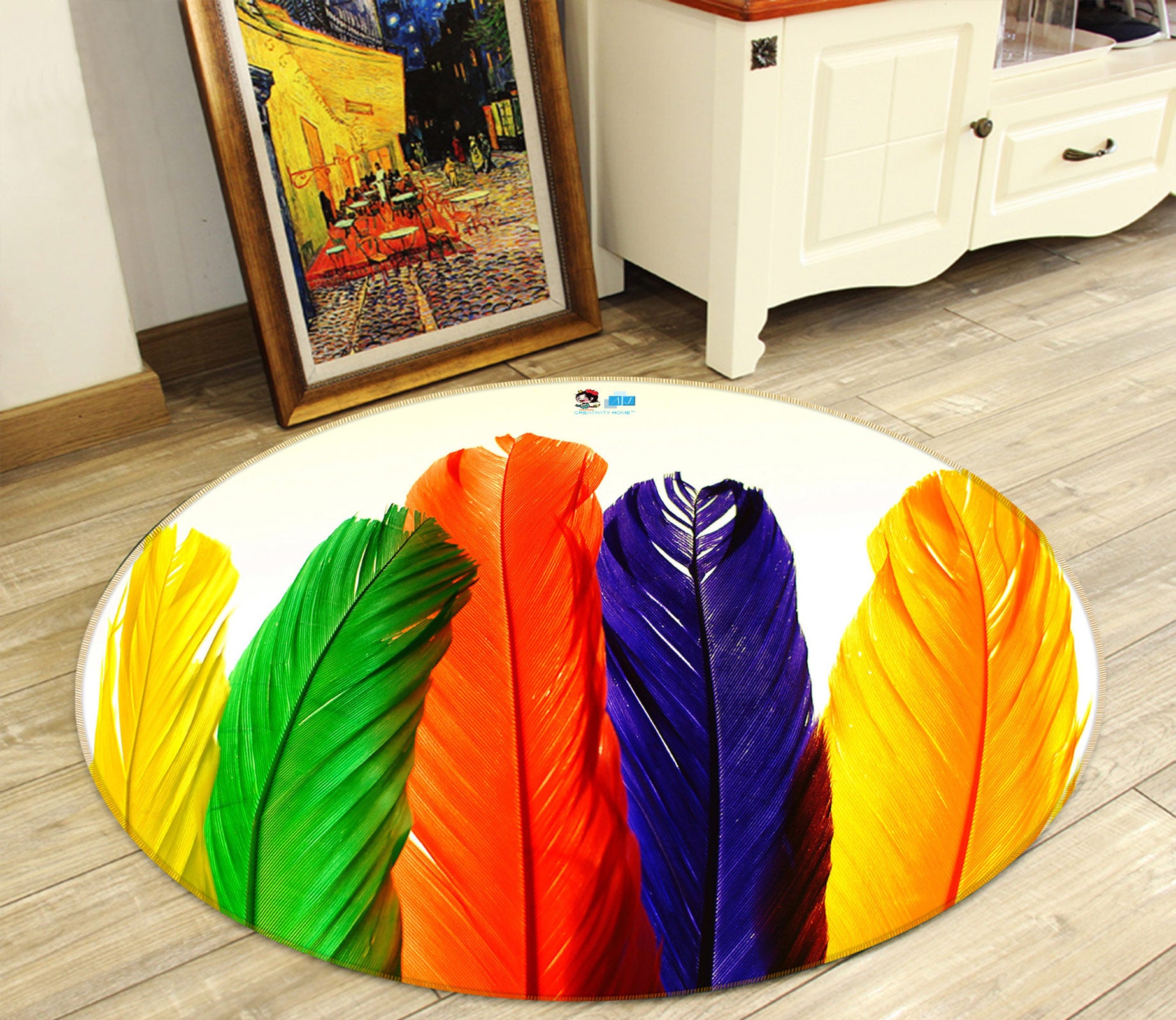 3D Colored Feathers 80248 Round Non Slip Rug Mat