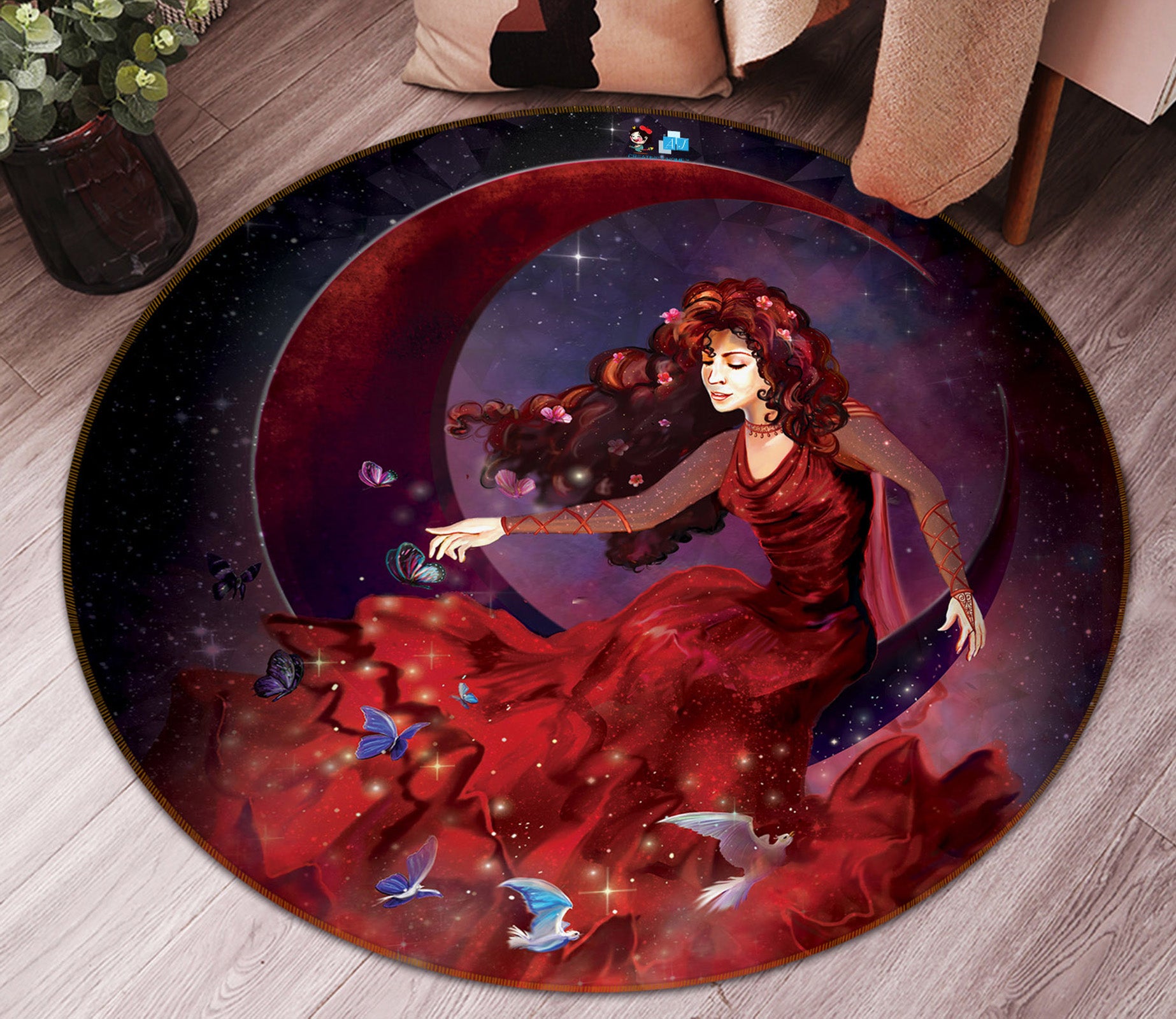 3D Red Beauty Moon 83162 Rose Catherine Khan Rug Round Non Slip Rug Mat