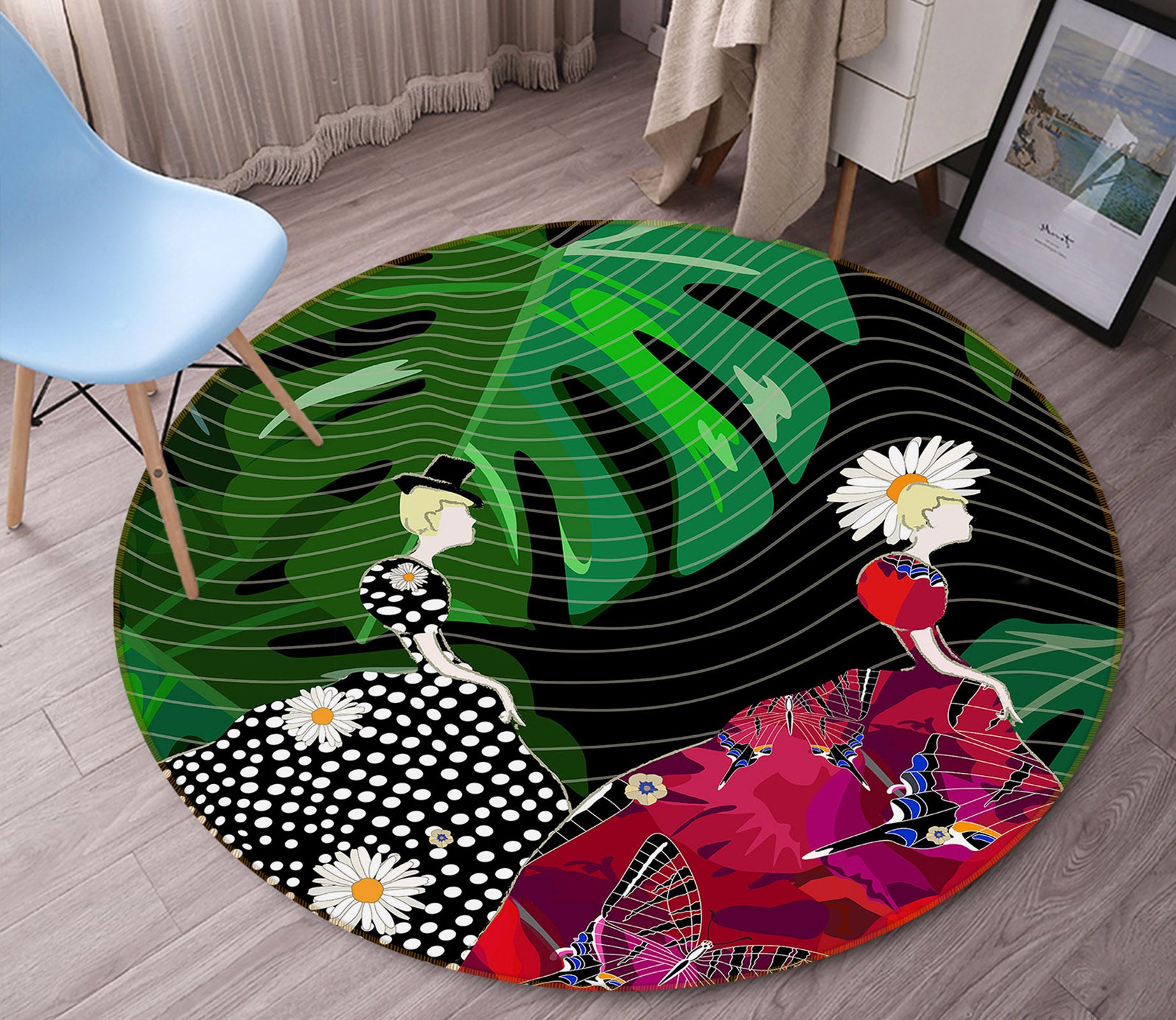 3D Leaves Floral Skirt 37007 Round Non Slip Rug Mat