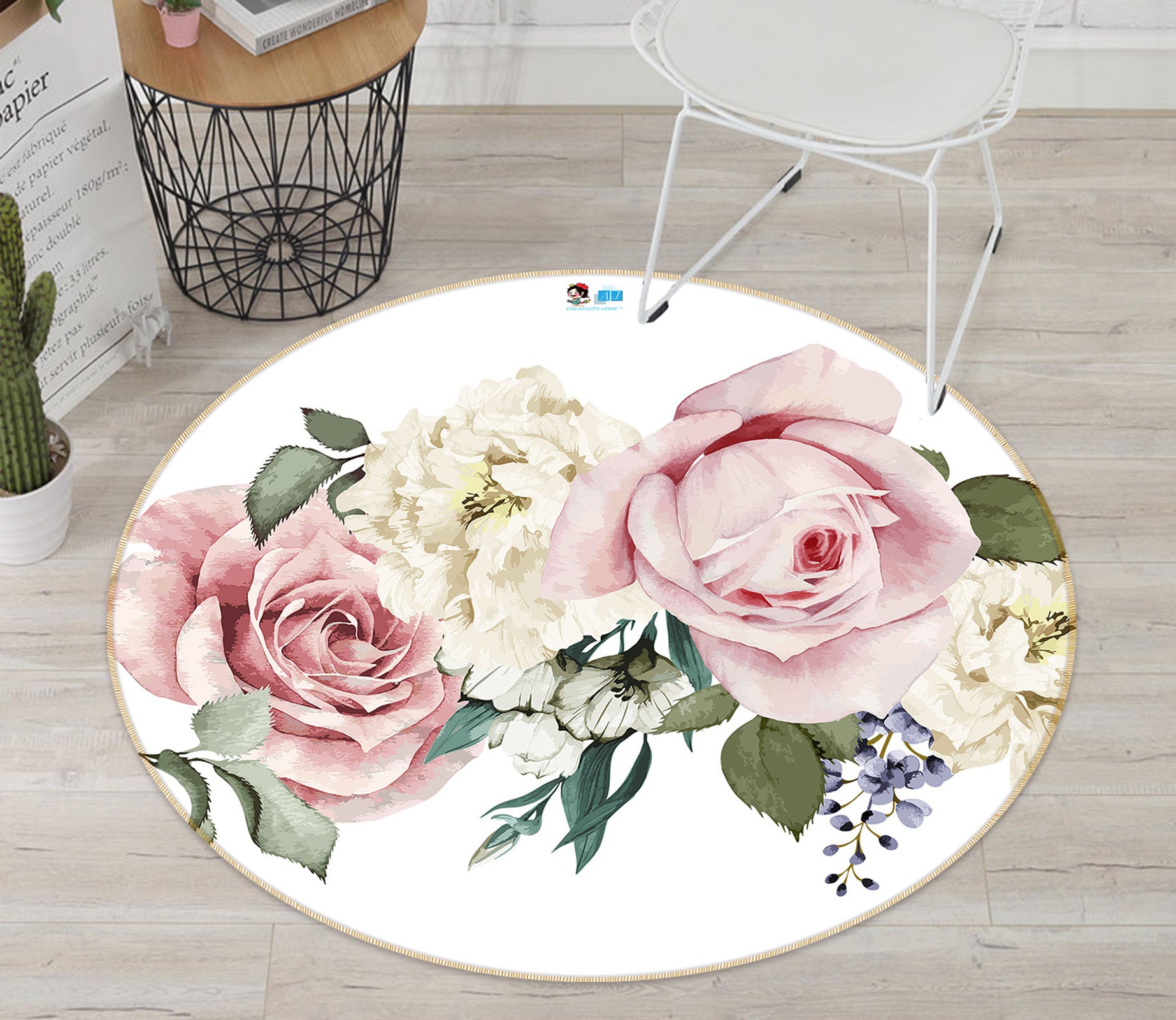 3D Pink Flowers 74157 Round Non Slip Rug Mat