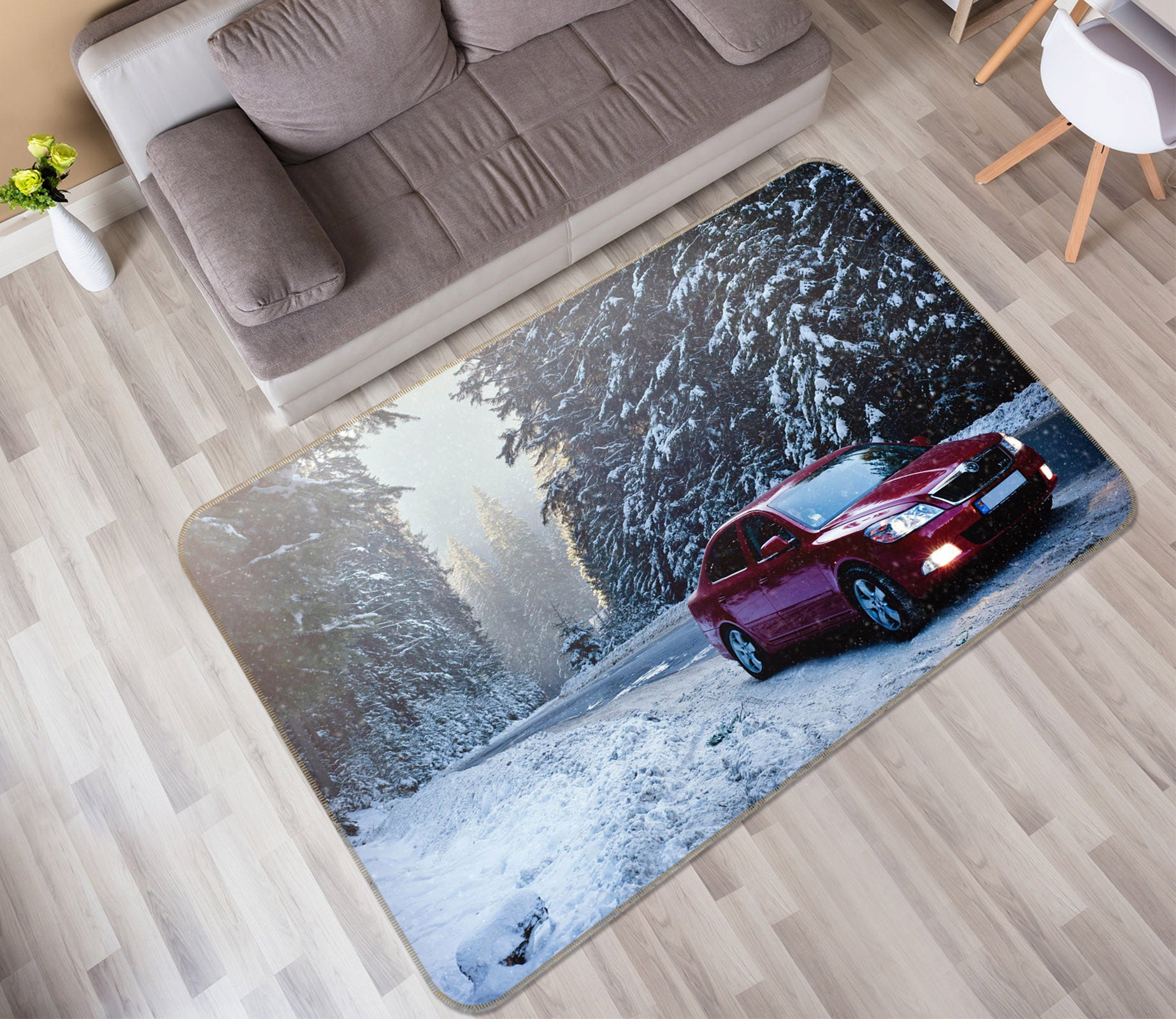 3D Snowfield Red Car 68056 Vehicle Non Slip Rug Mat