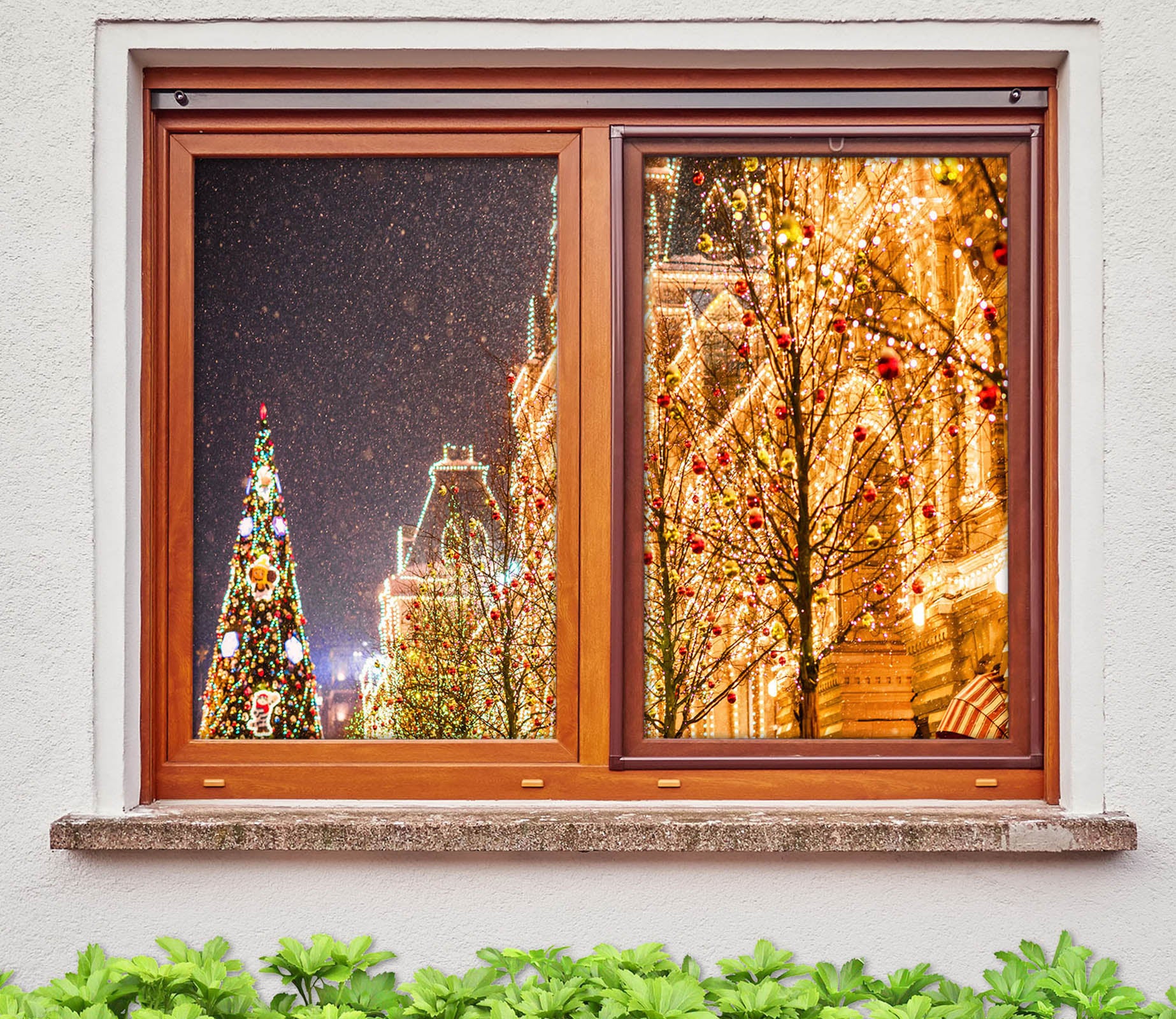 3D Light Building 43037 Christmas Window Film Print Sticker Cling Stained Glass Xmas