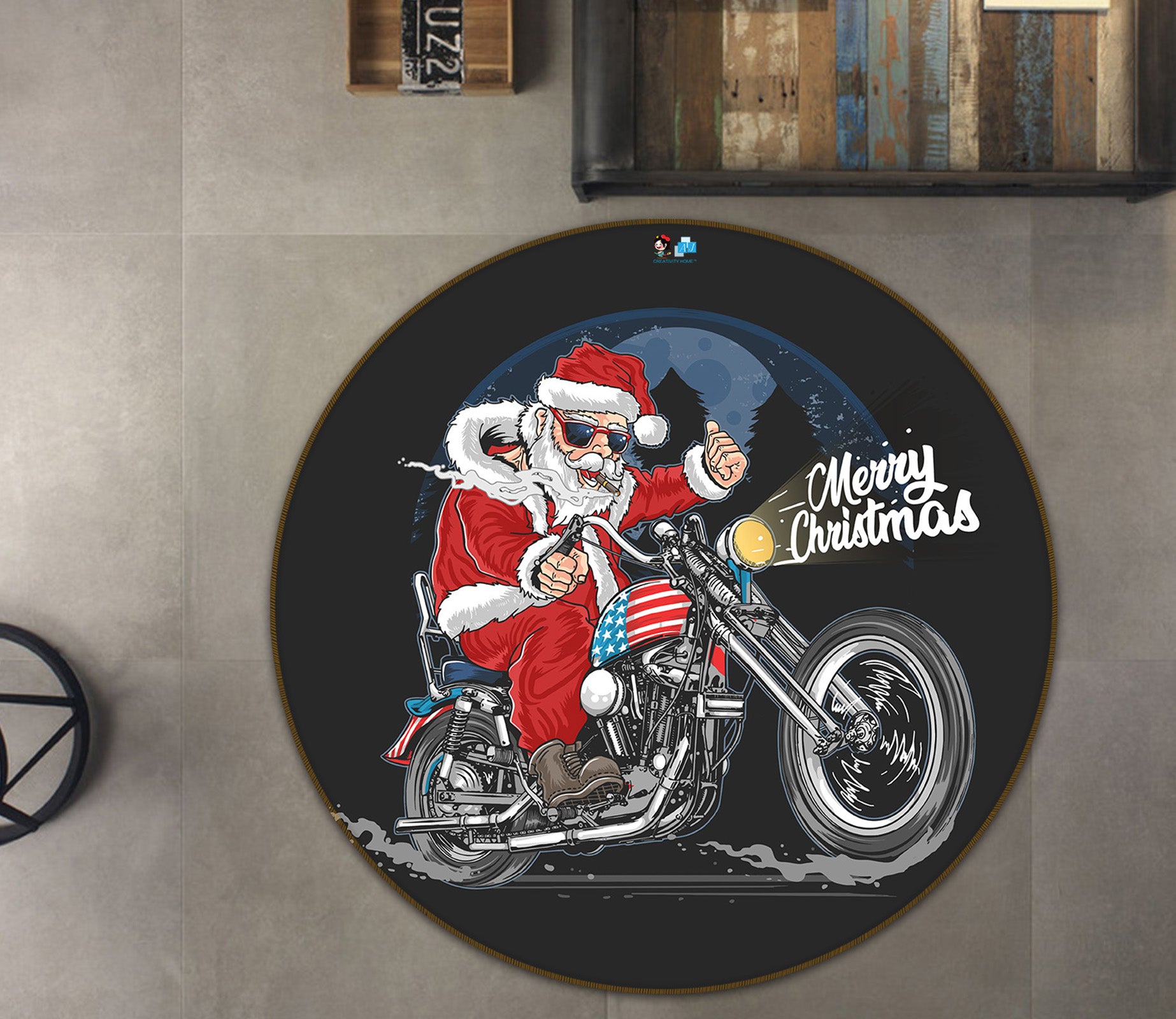 3D Santa Motorcycle 74272 Round Non Slip Rug Mat