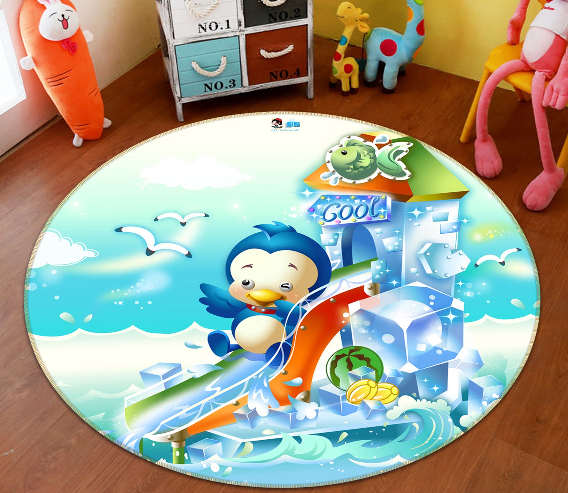 3D Slide Penguin 74297 Round Non Slip Rug Mat