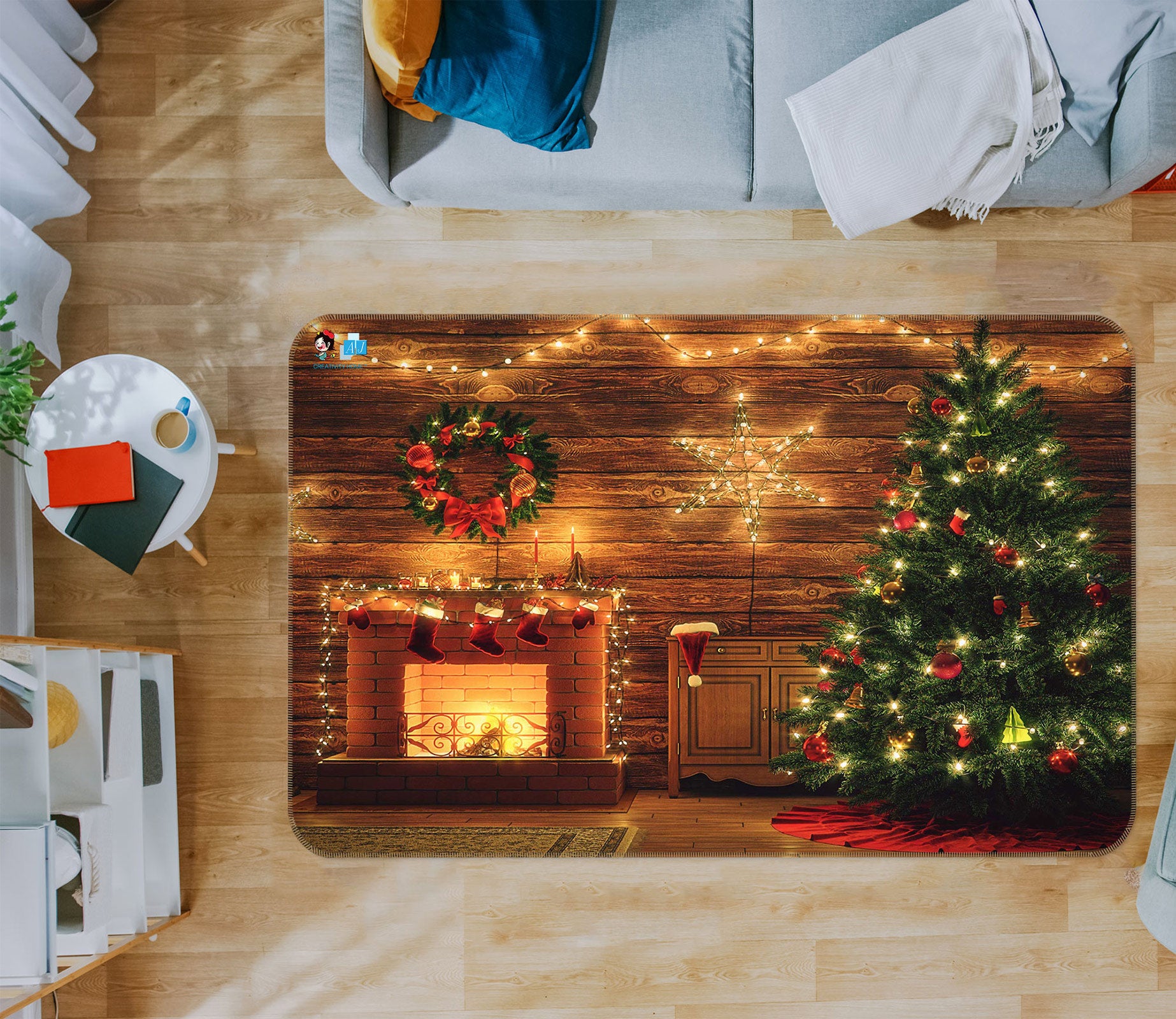 3D Fireplace Tree 55020 Christmas Non Slip Rug Mat Xmas