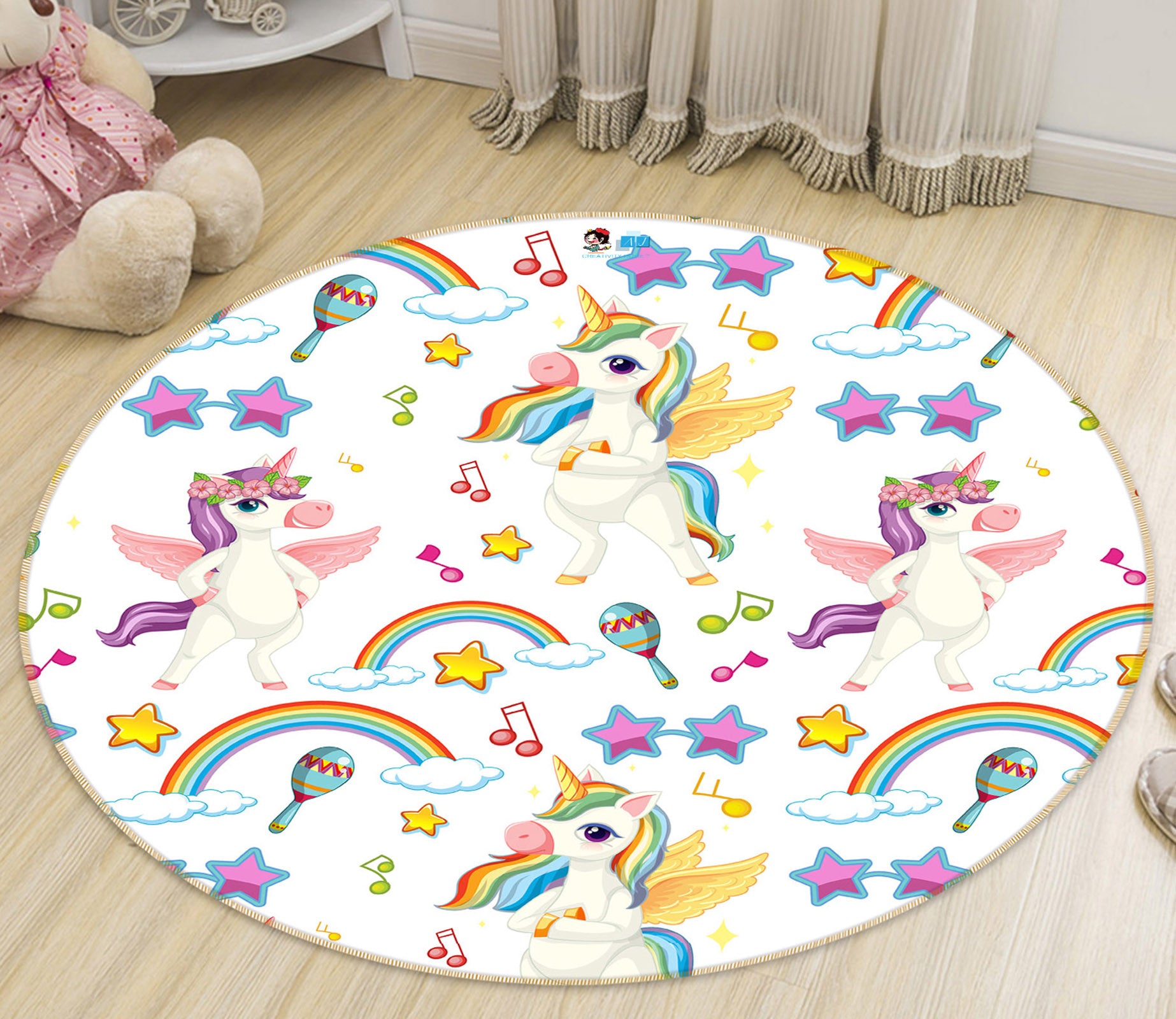 3D Rainbow Unicorn 81029 Round Non Slip Rug Mat