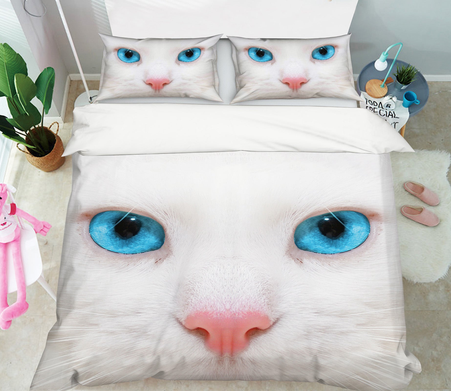 3D White Cat Face 21033 Bed Pillowcases Quilt