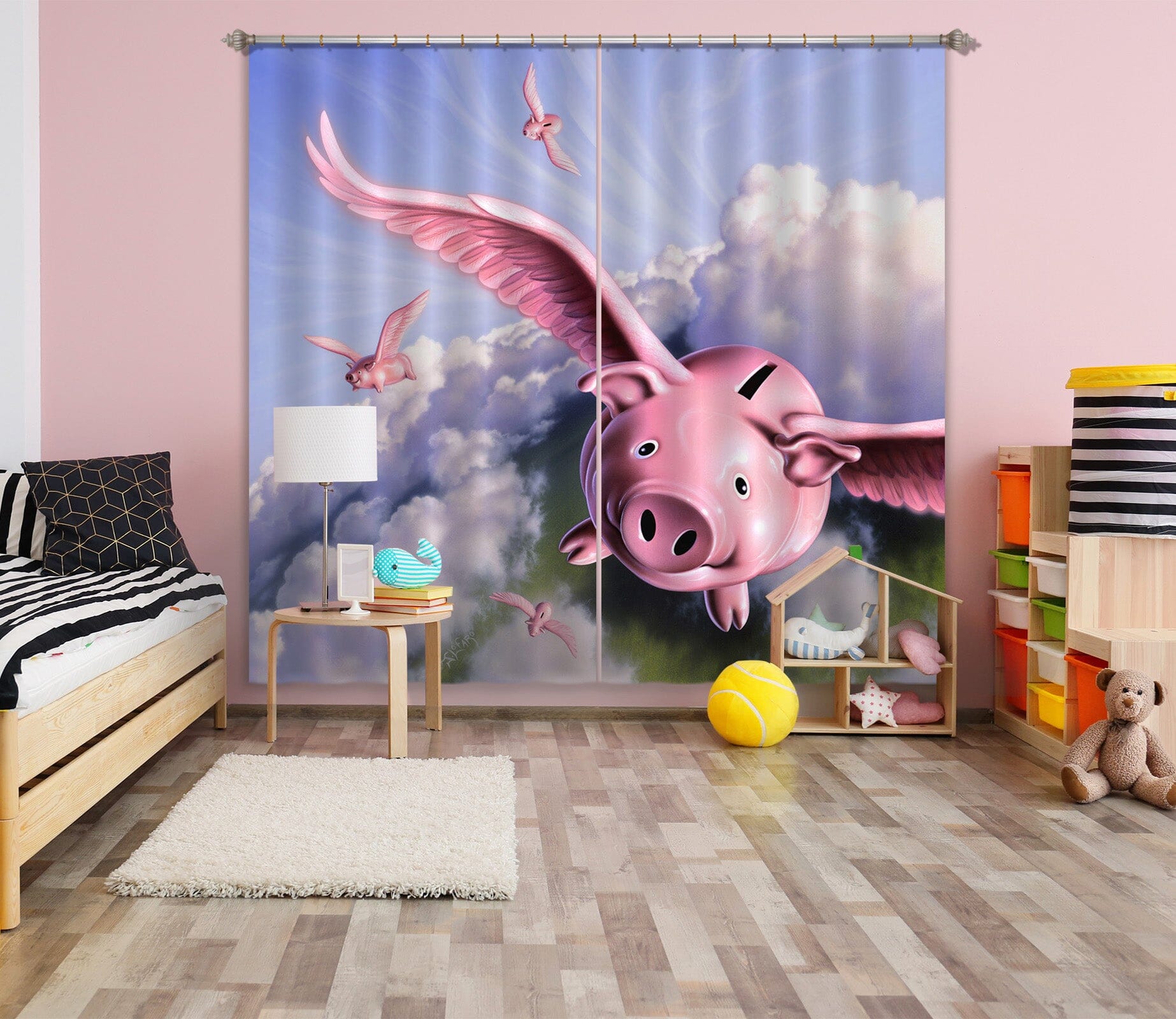 3D Flying Pig 072 Jerry LoFaro Curtain Curtains Drapes Curtains AJ Creativity Home 