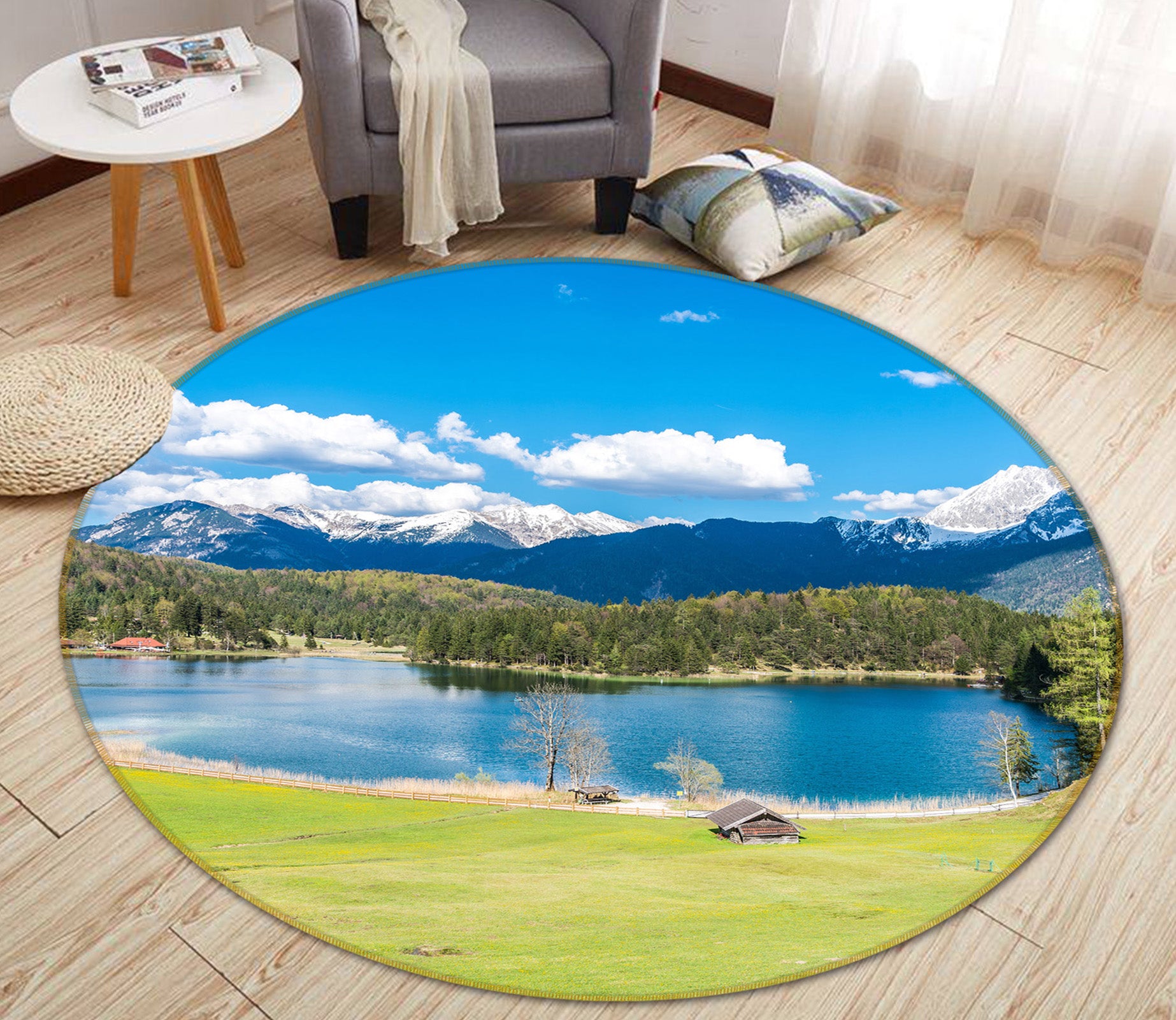 3D Snow Mountain Lake Sky 71193 Round Non Slip Rug Mat