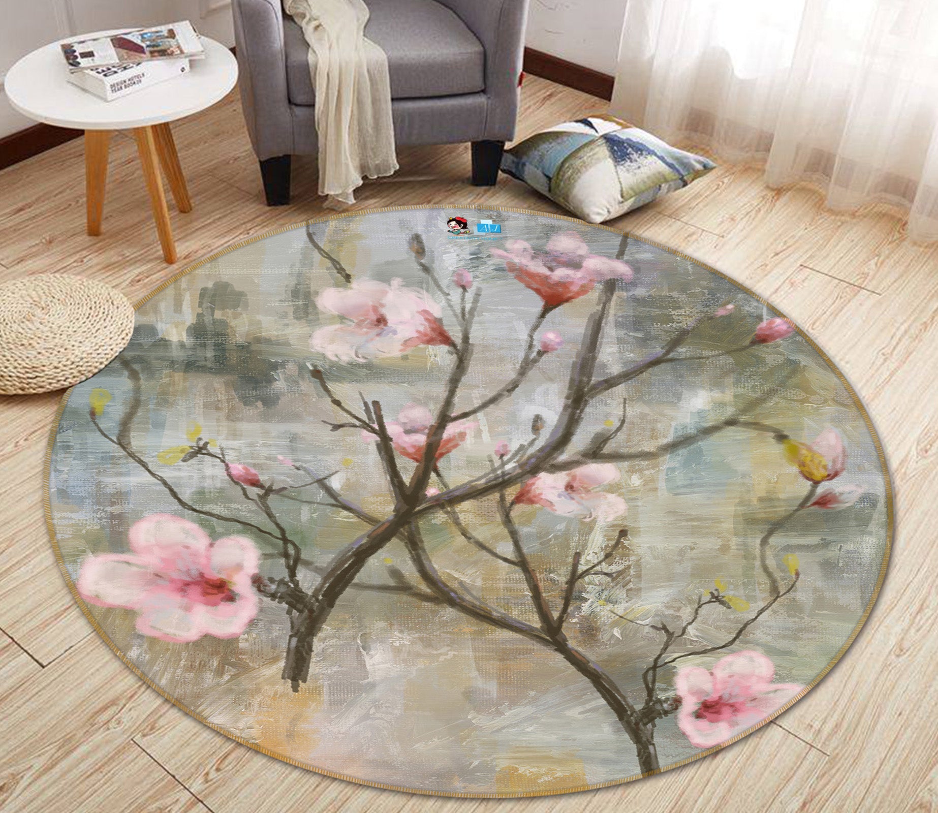 3D Peach Blossom Branch 71250 Round Non Slip Rug Mat