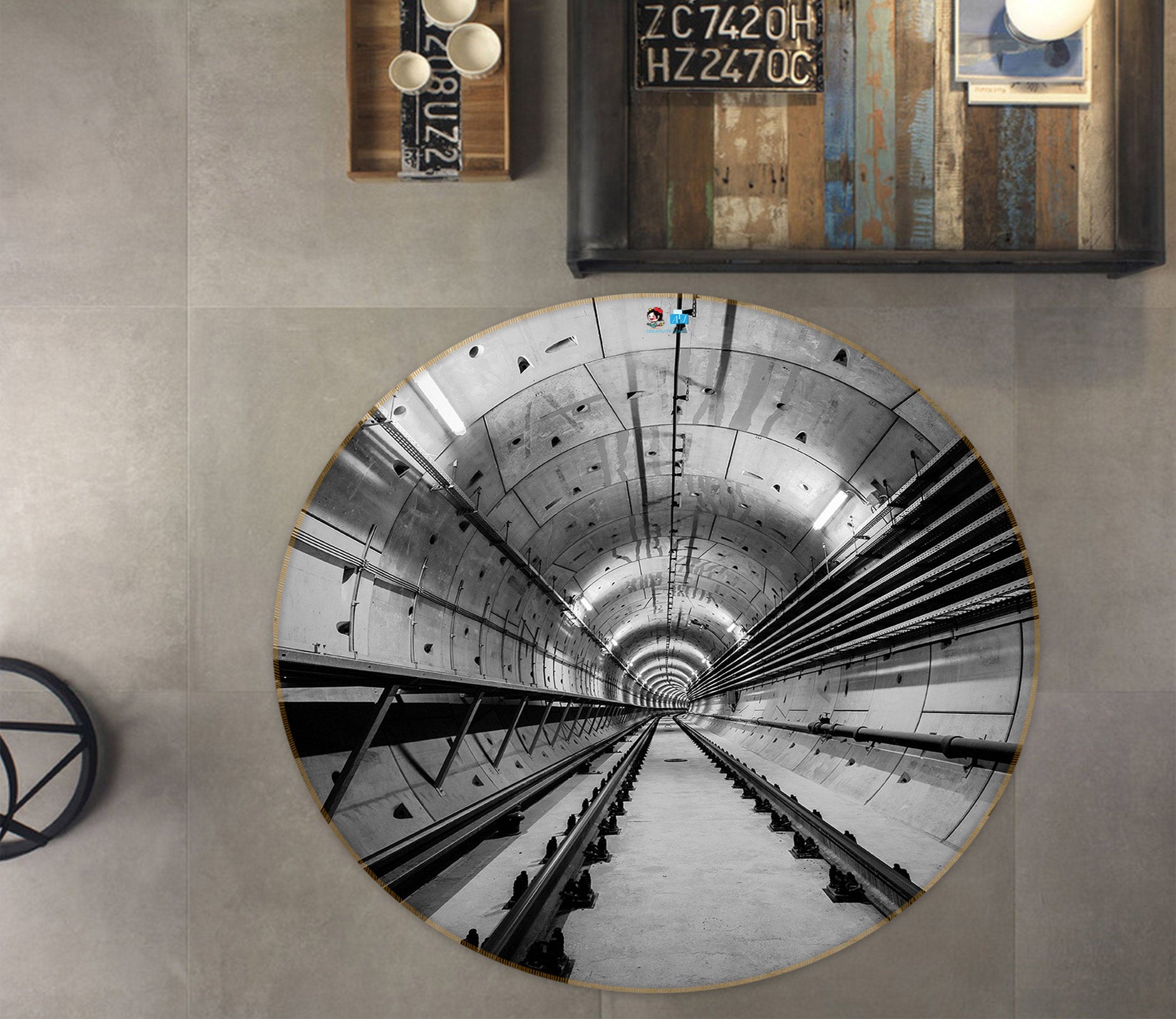3D Black White Tunnel 72165 Round Non Slip Rug Mat