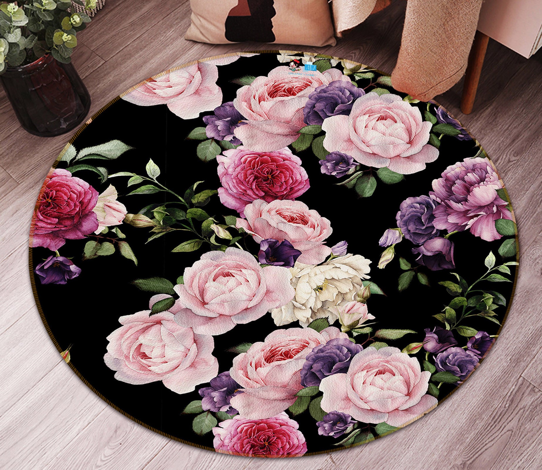3D Flower Pattern 73023 Round Non Slip Rug Mat
