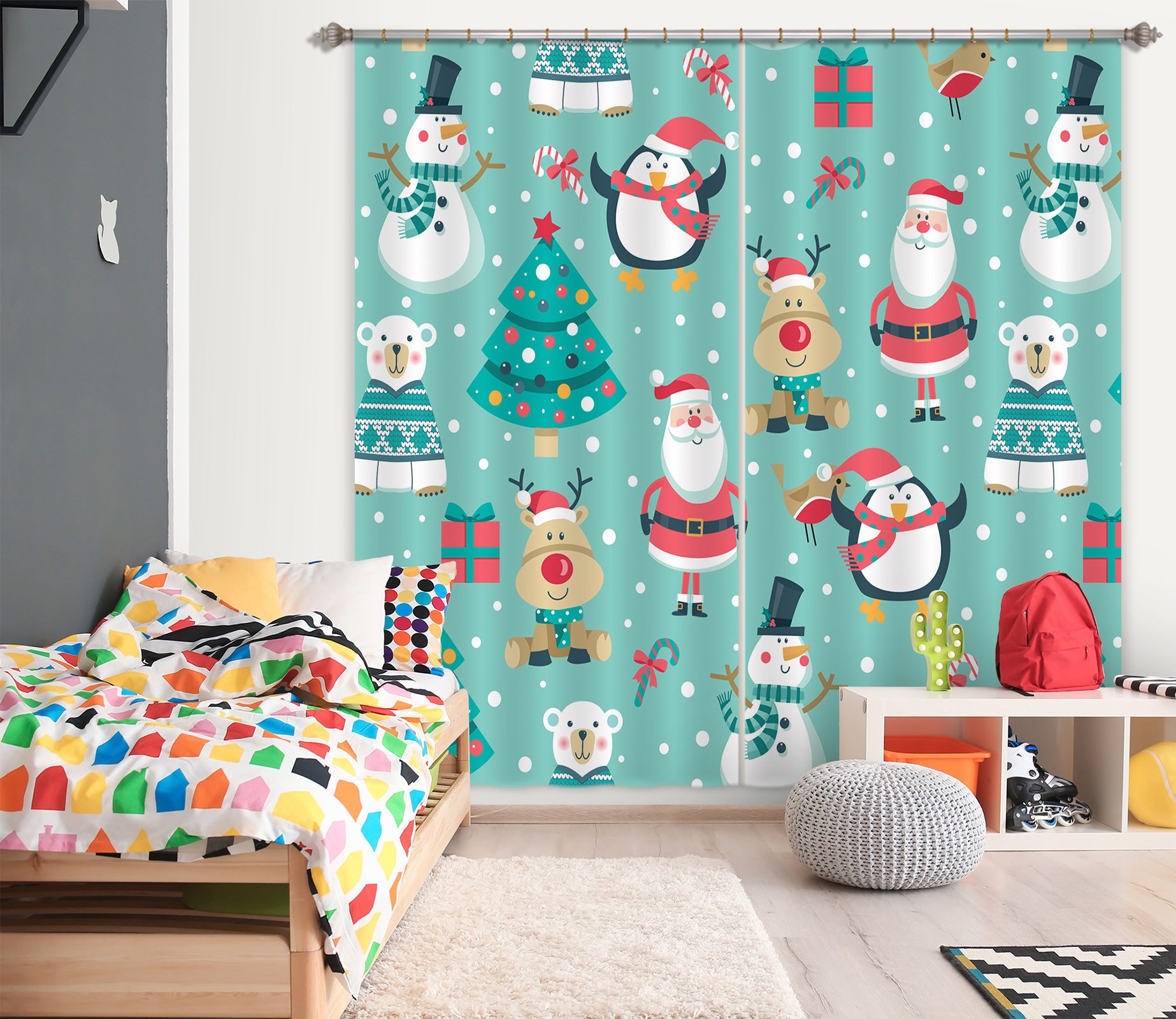 3D Santa Claus Snowman Penguin 52069 Christmas Curtains Drapes Xmas