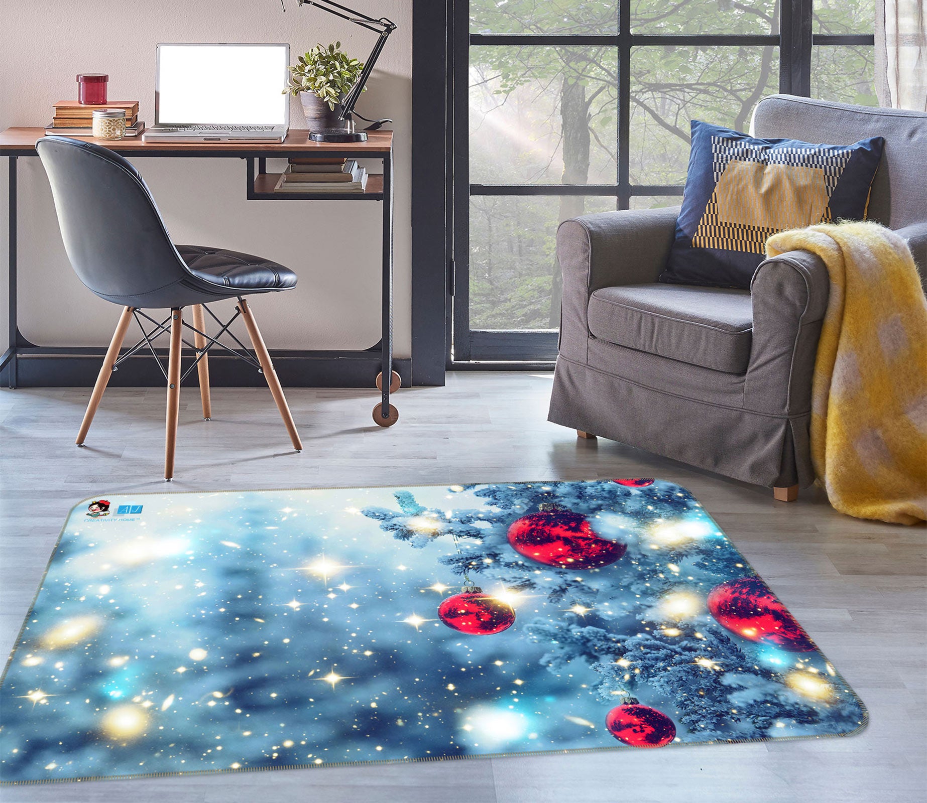 3D Snow Tree Red Ball 54258 Christmas Non Slip Rug Mat Xmas