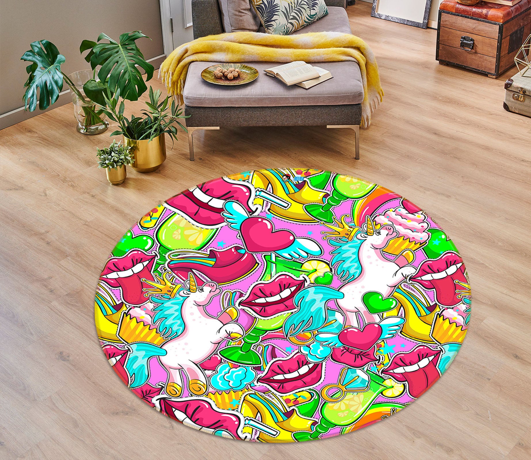 3D Color Lips Pattern 75056 Round Non Slip Rug Mat