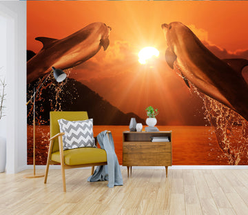 3D Sunset Dolphin 114 Wall Murals