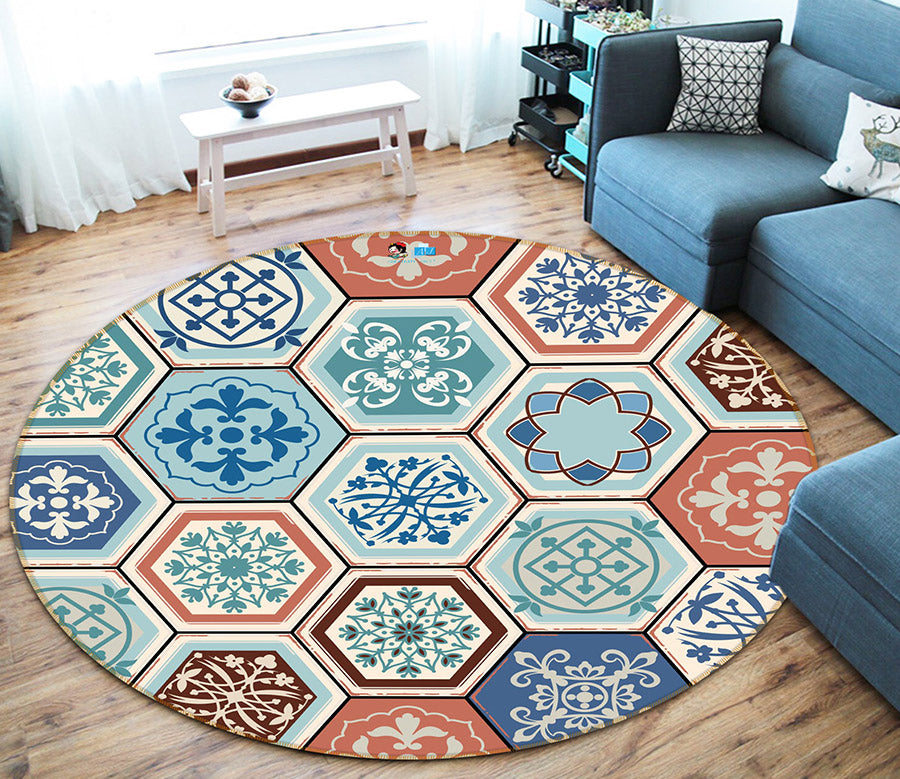 3D Patterned Hexagonal Bricks 64144 Round Non Slip Rug Mat