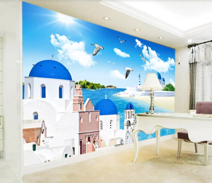 3D Beach Seagull House WC717 Wall Murals