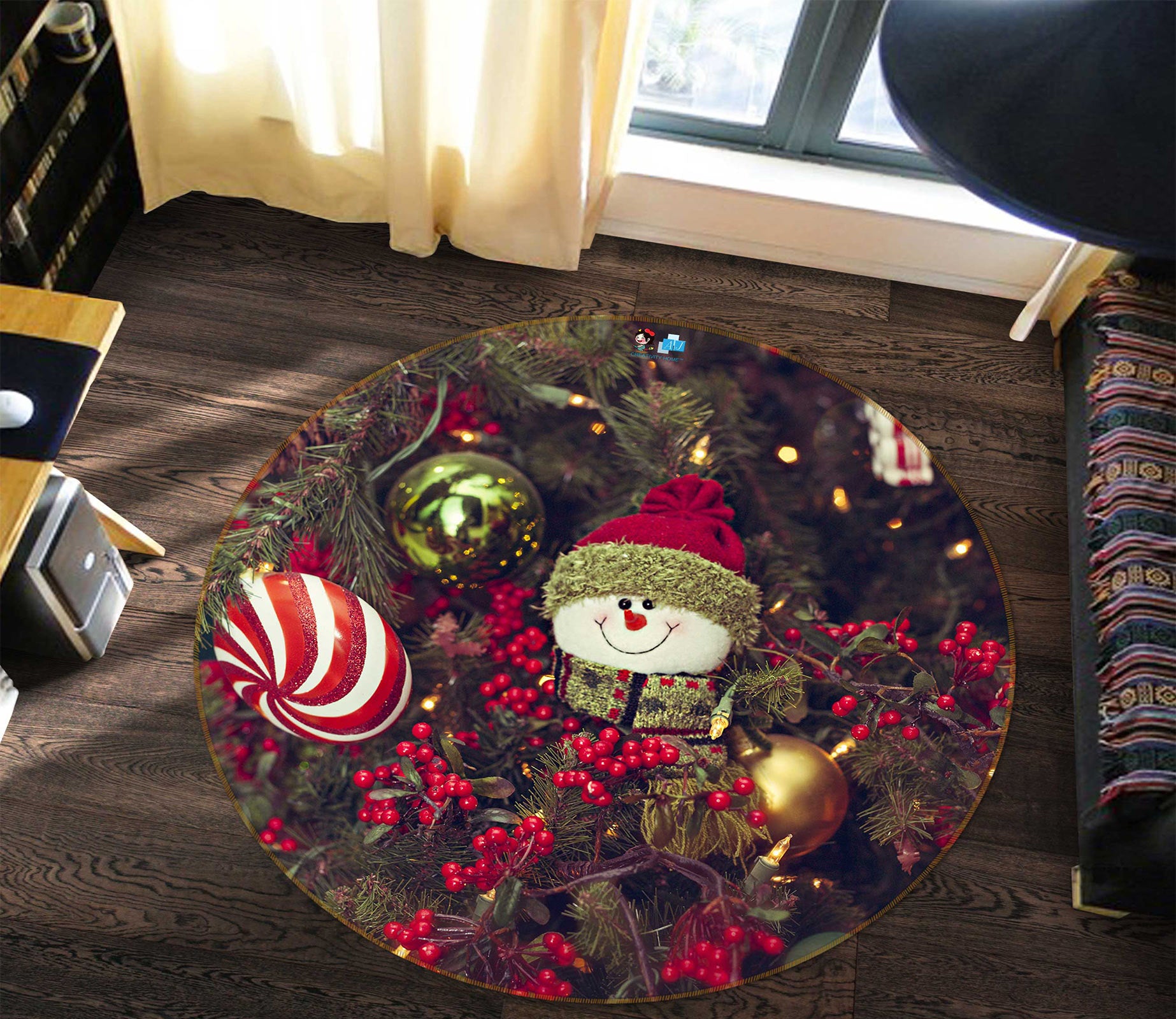 3D Tree Snowman Doll 54023 Christmas Round Non Slip Rug Mat Xmas