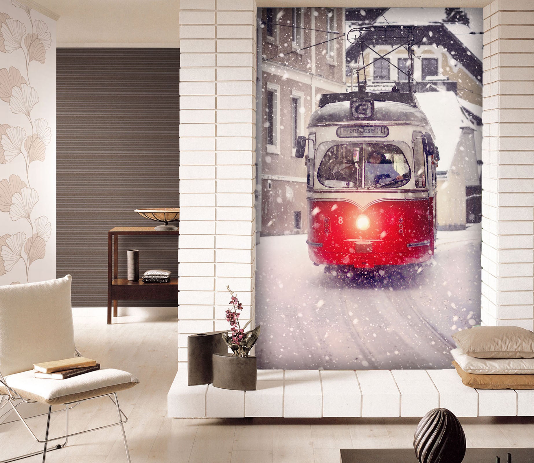 3D White Snow Bus 436 Vehicle Wall Murals