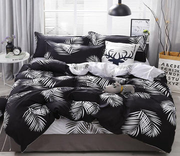 3D White Leaves On Black 12010 Bed Pillowcases Quilt