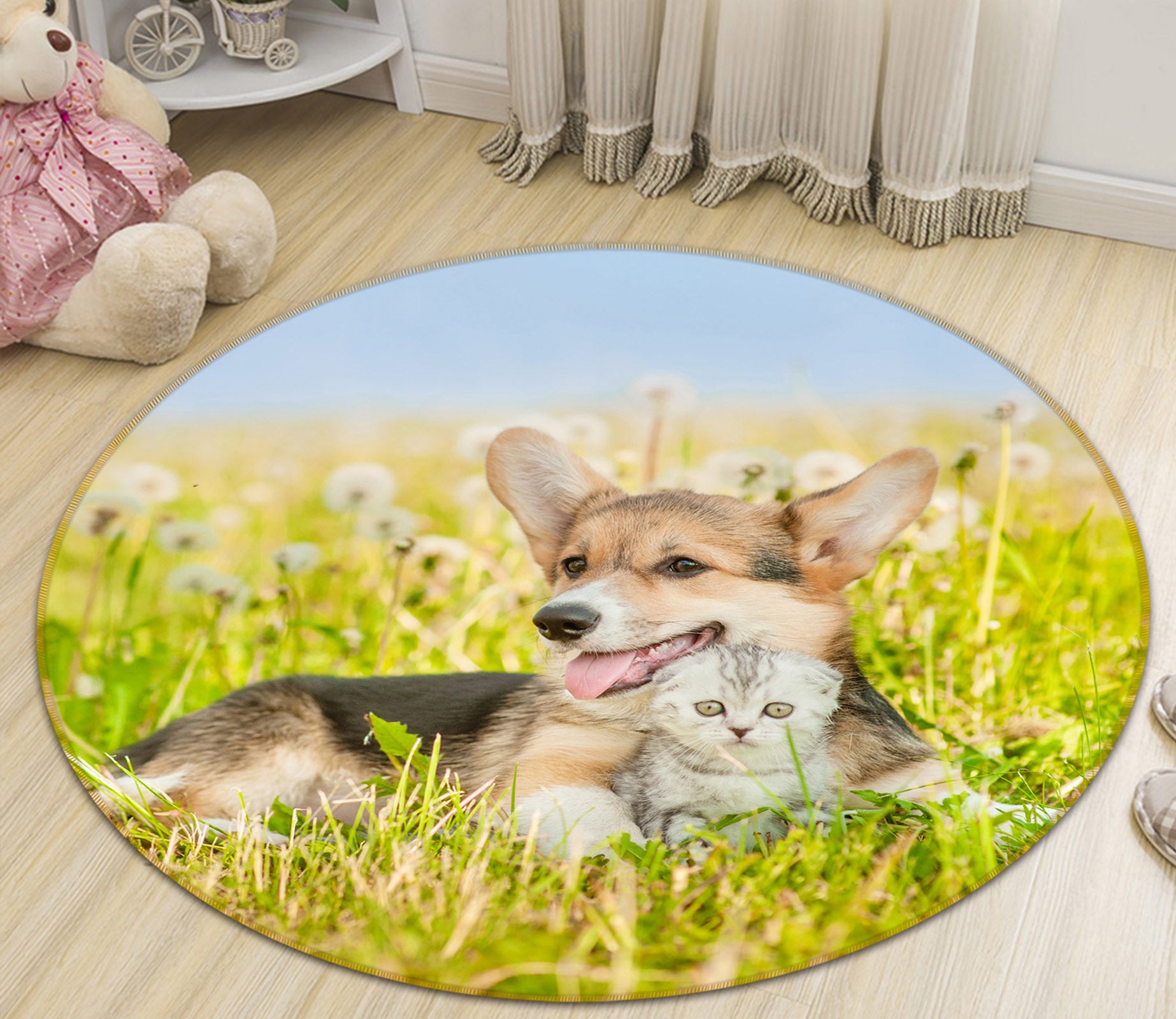 3D Grassland Cat Dog 29008 Round Non Slip Rug Mat