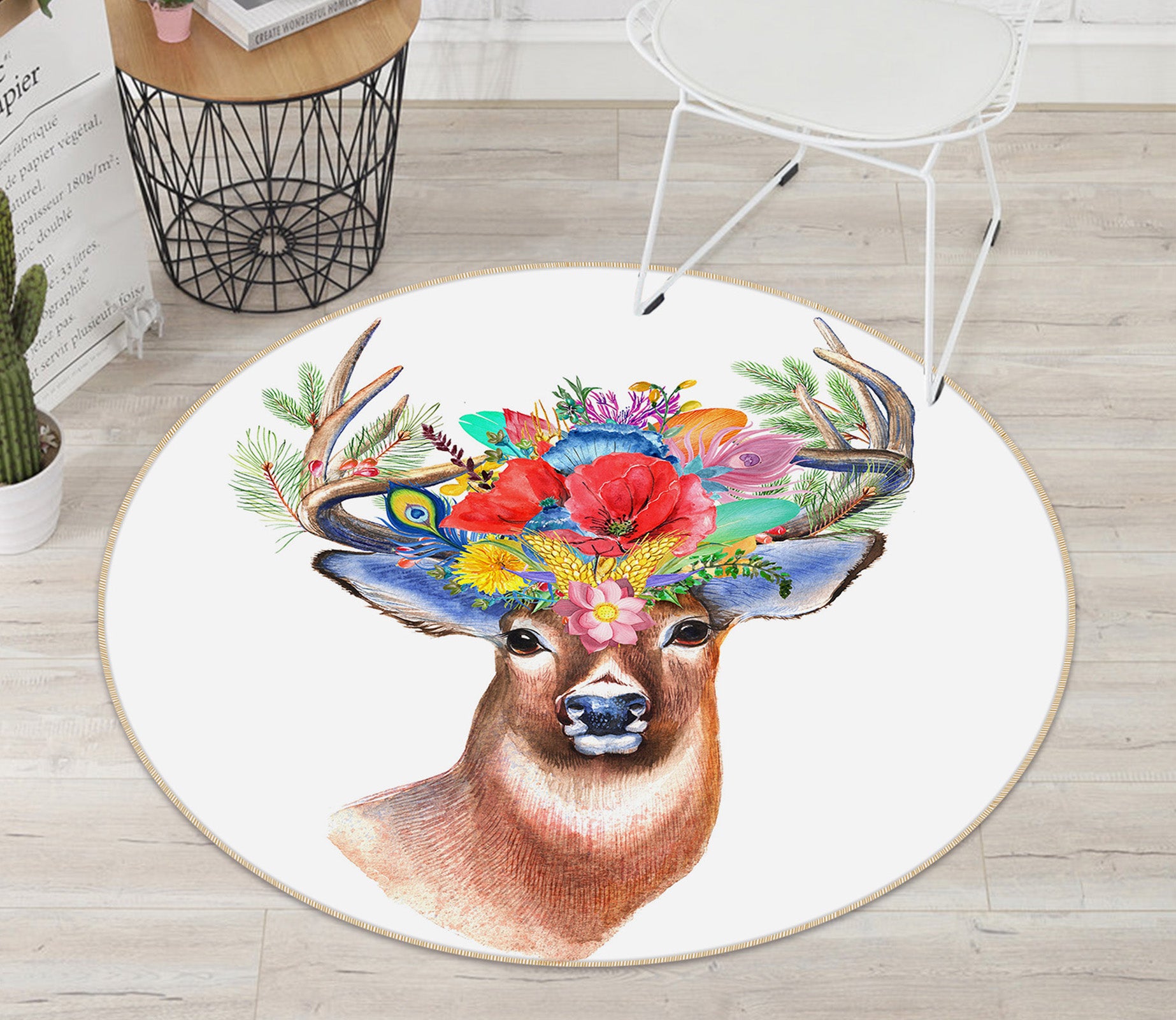 3D Deer Flowers 82049 Animal Round Non Slip Rug Mat