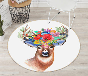 3D Deer Flowers 82049 Animal Round Non Slip Rug Mat