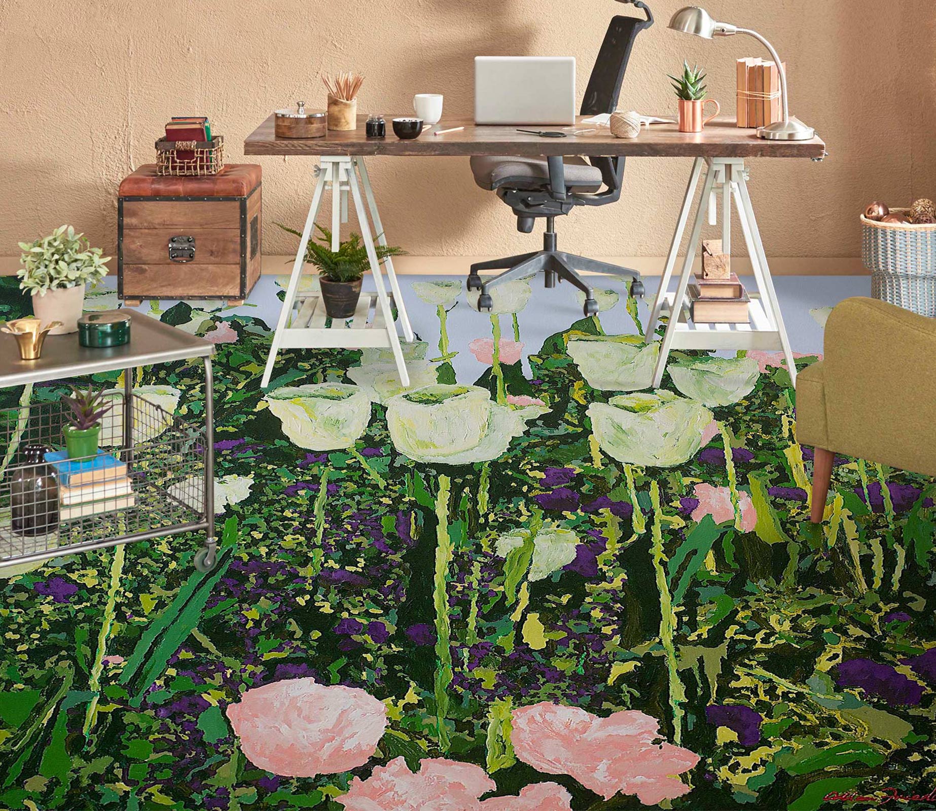 3D White Pink Flower Bush 9569 Allan P. Friedlander Floor Mural