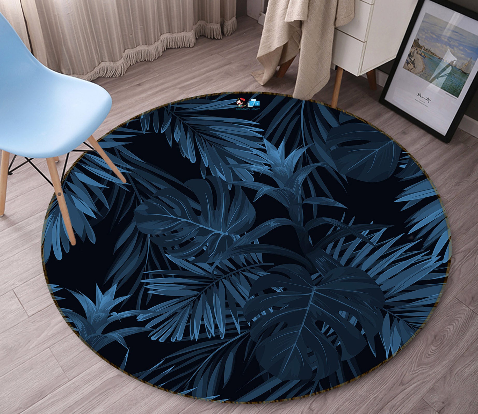3D Dark Leaves 69226 Round Non Slip Rug Mat
