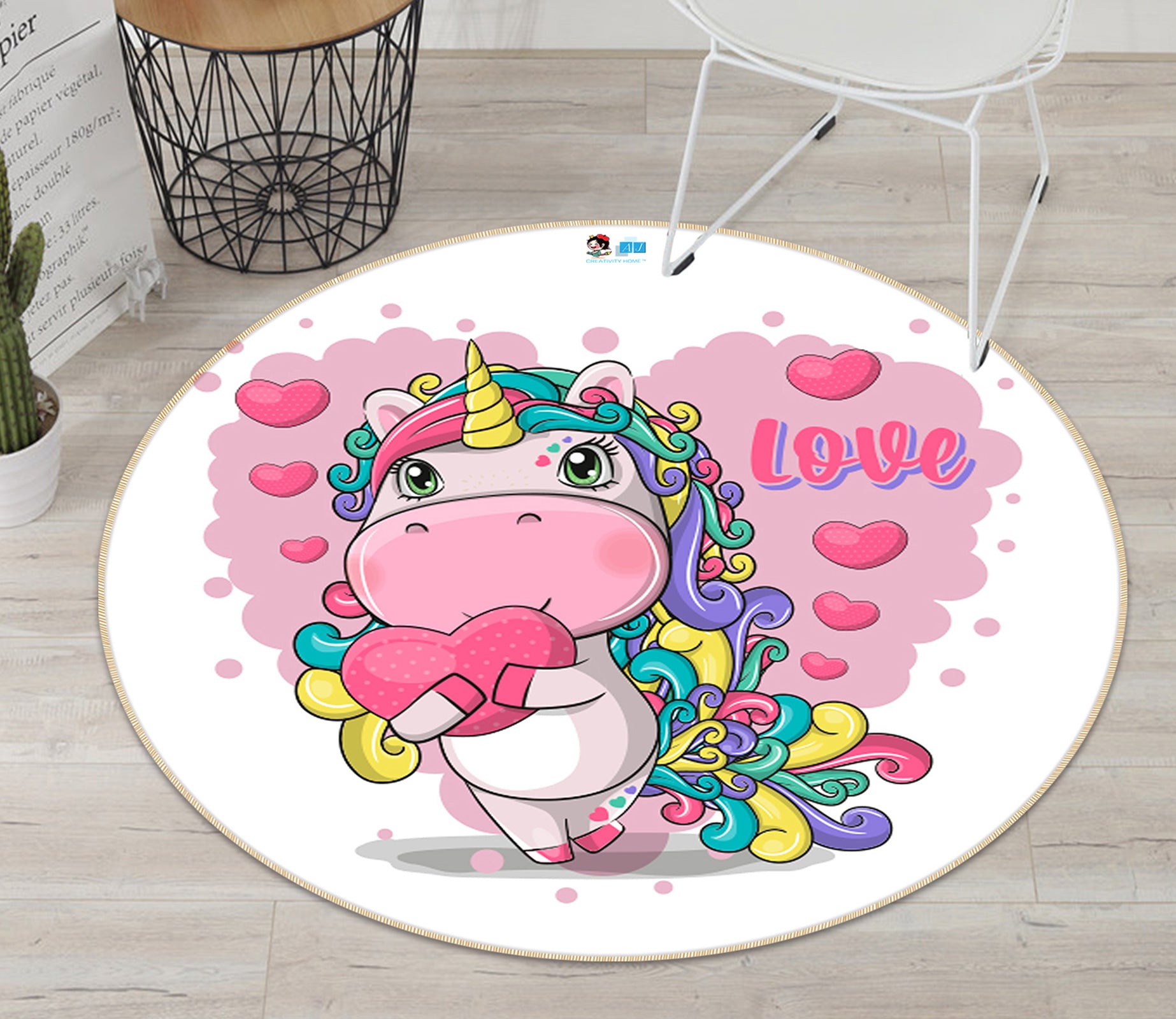 3D Pink Heart Unicorn 74289 Round Non Slip Rug Mat