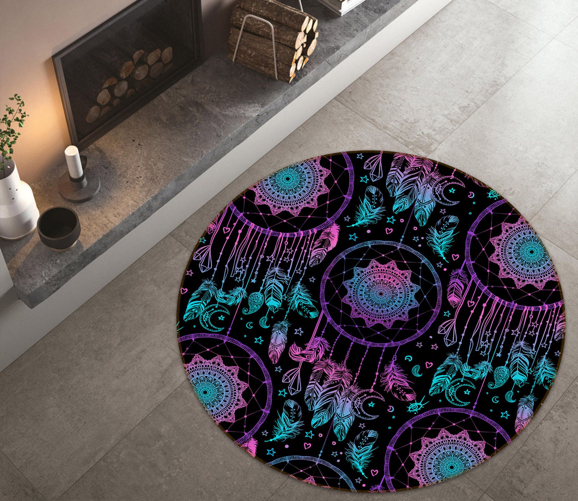3D Pink Blue Dream Catcher 29063 Round Non Slip Rug Mat