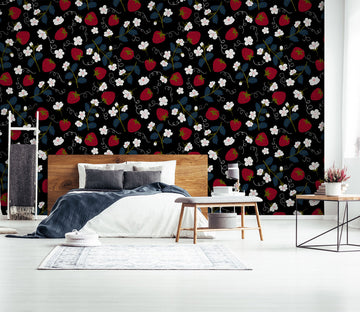 3D White Floral Strawberry 120108 Kashmira Jayaprakash Wall Mural Wall Murals