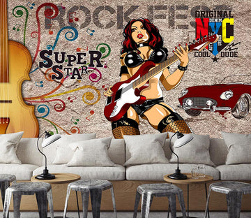 3D Guitar Woman Car WC677 Wall Murals