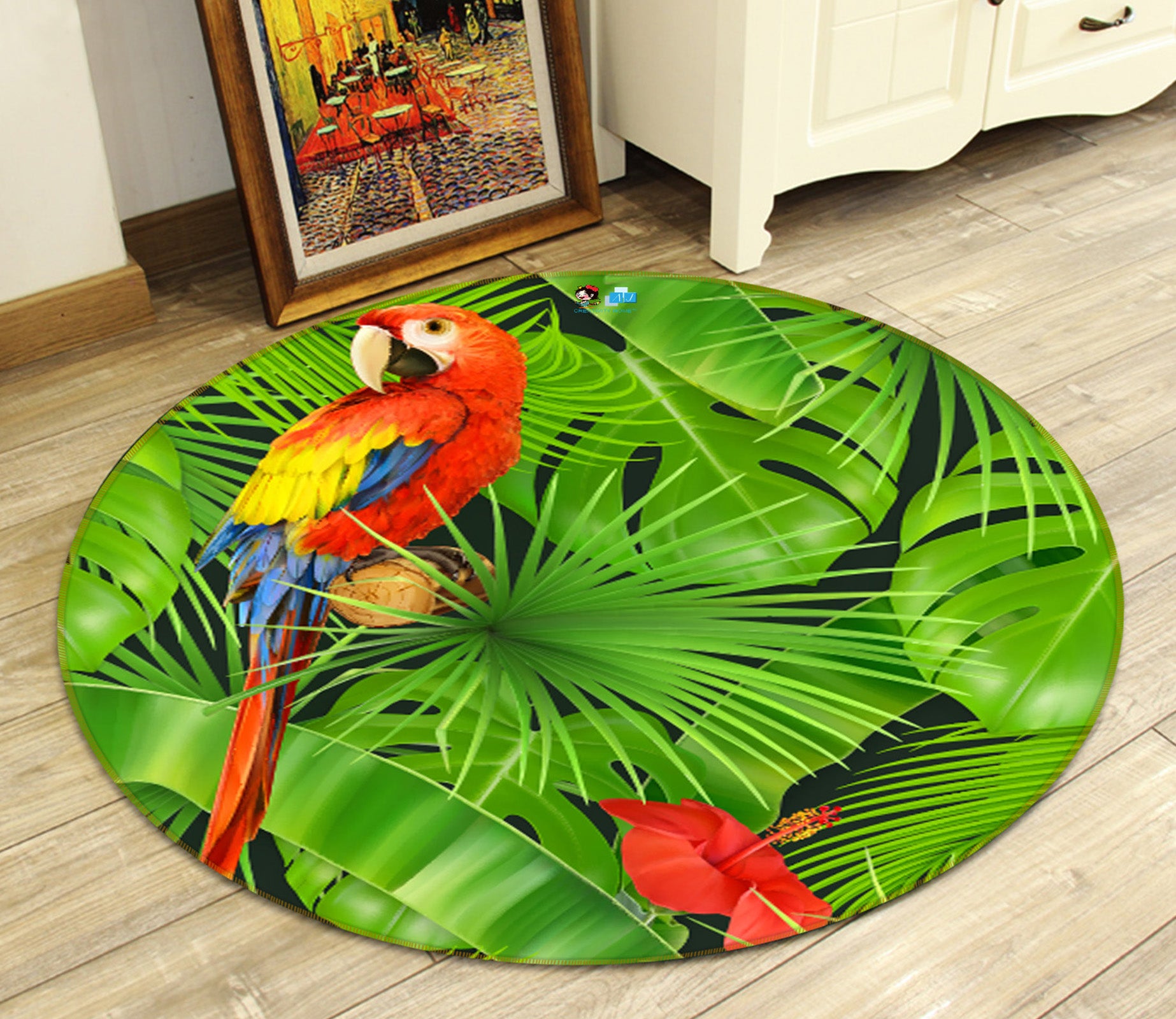 3D Leaves Parrot 71249 Round Non Slip Rug Mat