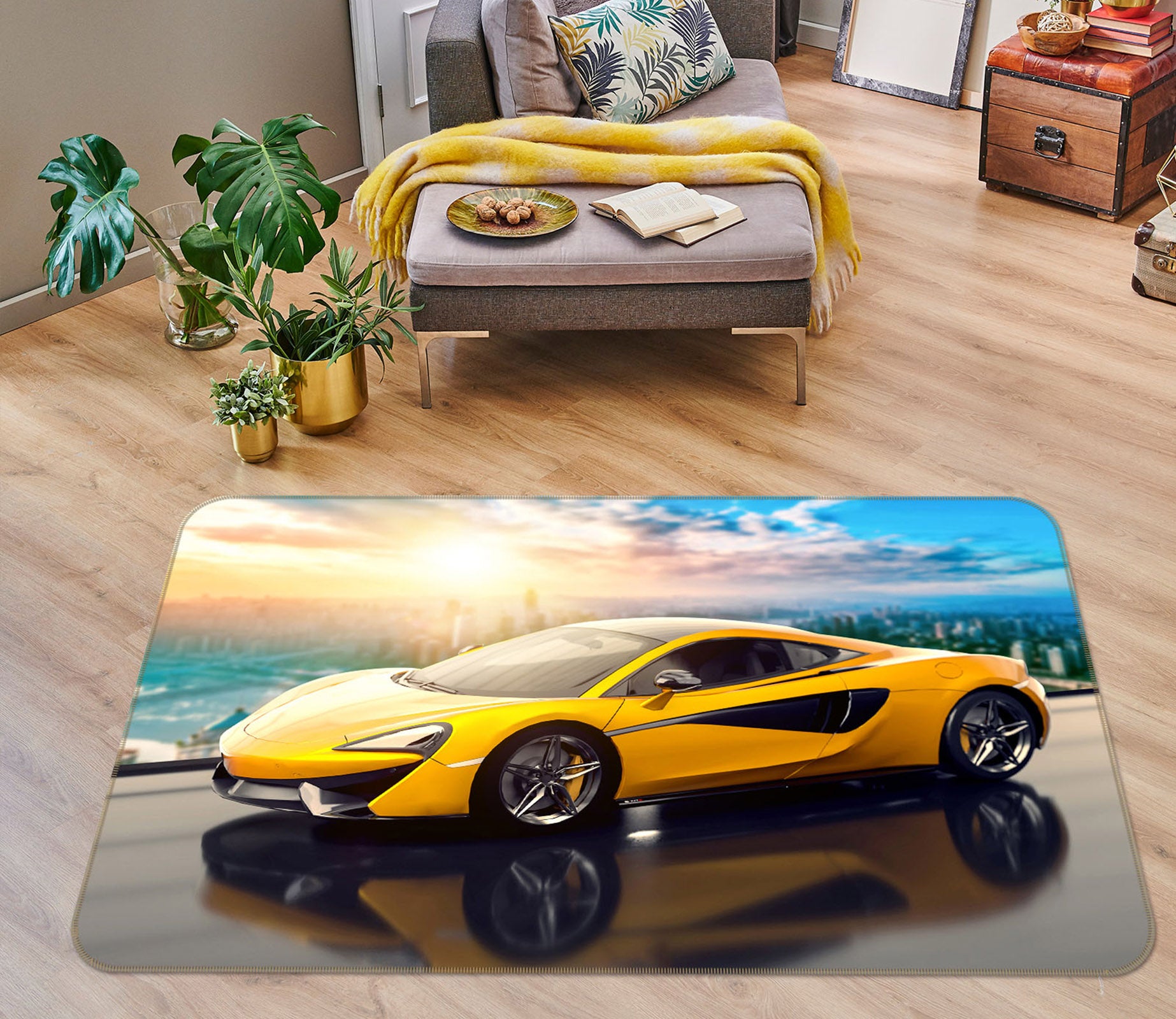 3D Yellow Sports Car 42094 Vehicle Non Slip Rug Mat