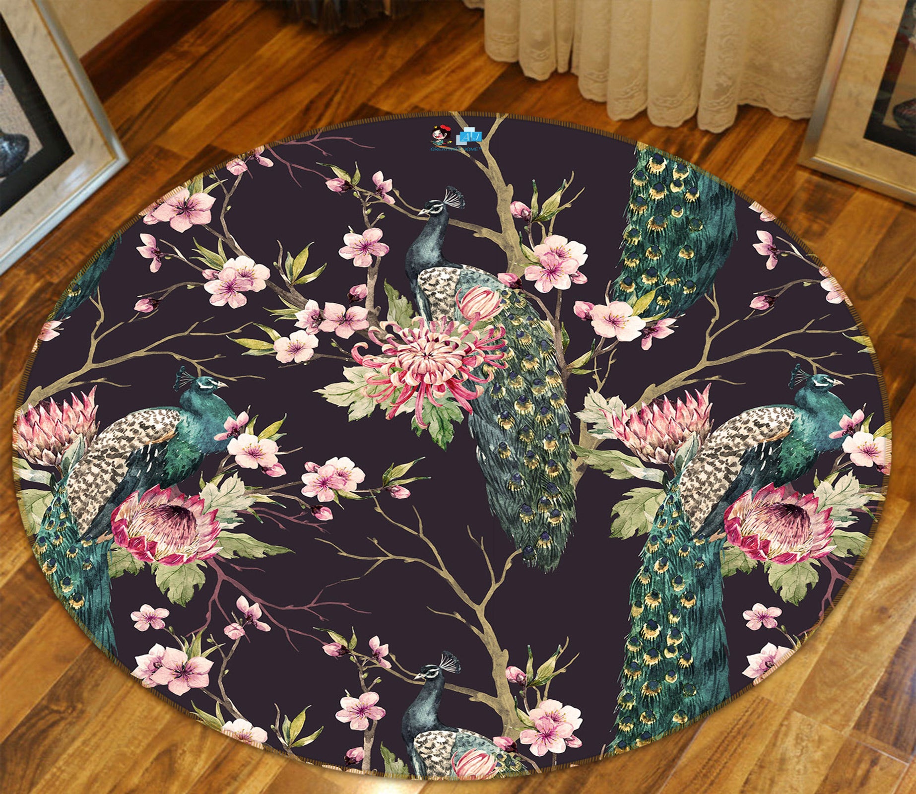 3D Peacock Flower 72186 Round Non Slip Rug Mat