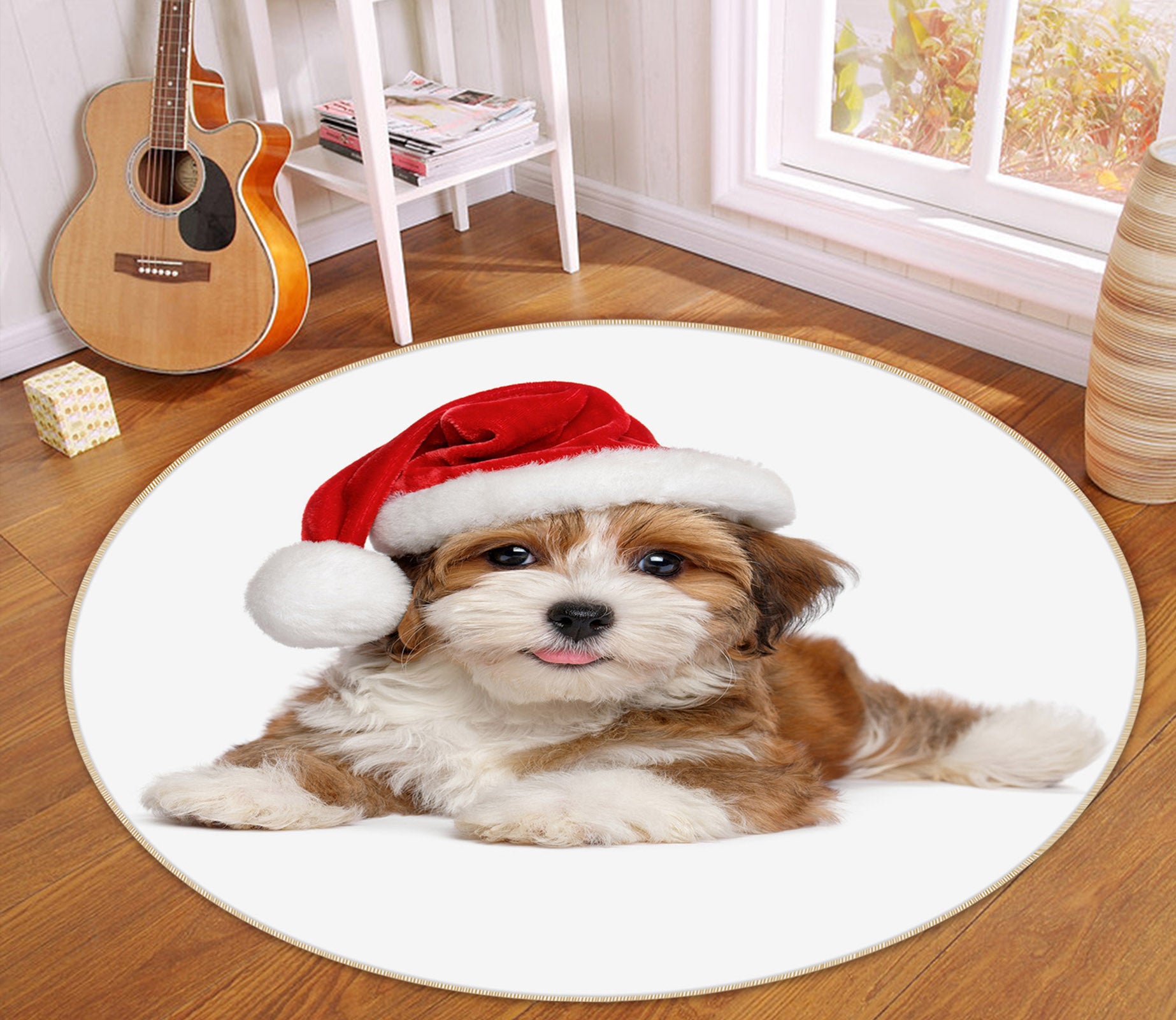 3D Christmas Hat Puppy 29096 Round Non Slip Rug Mat