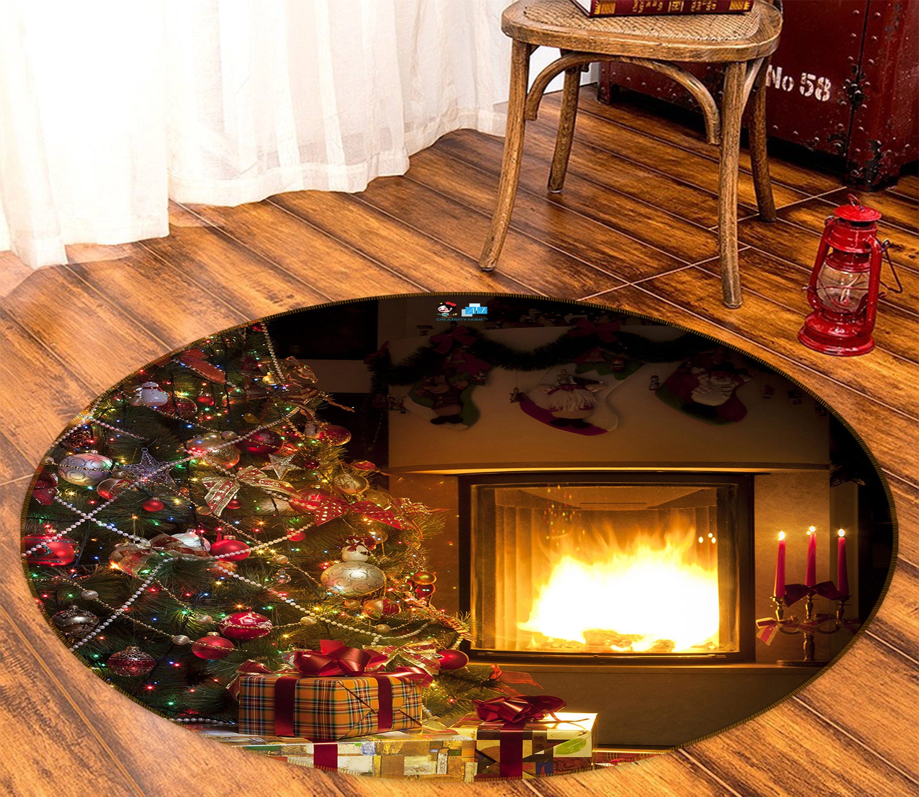 3D Fireplace Tree 54004 Christmas Round Non Slip Rug Mat Xmas