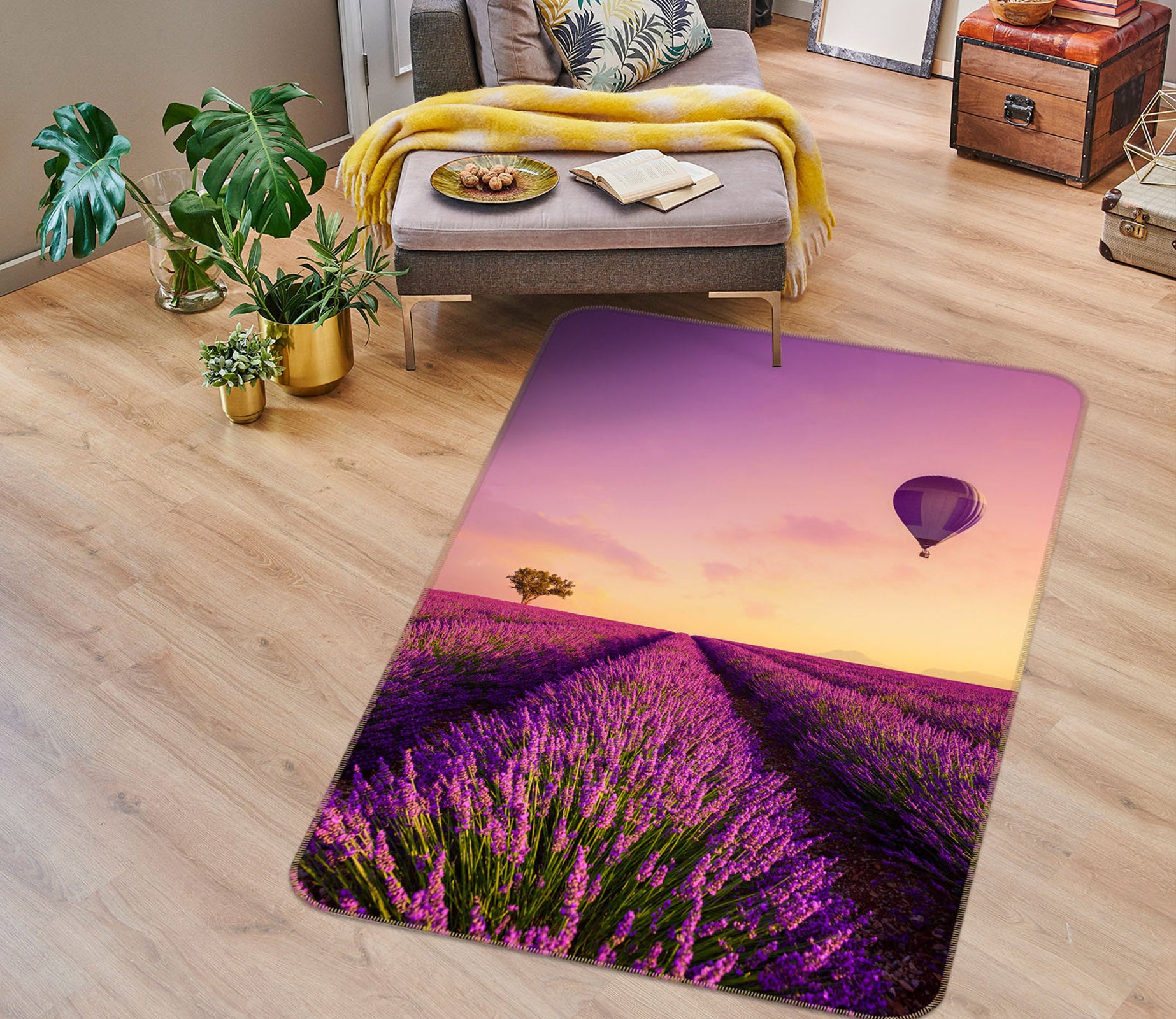 3D Lavender Flowers Hot Air Balloon 34191 Non Slip Rug Mat