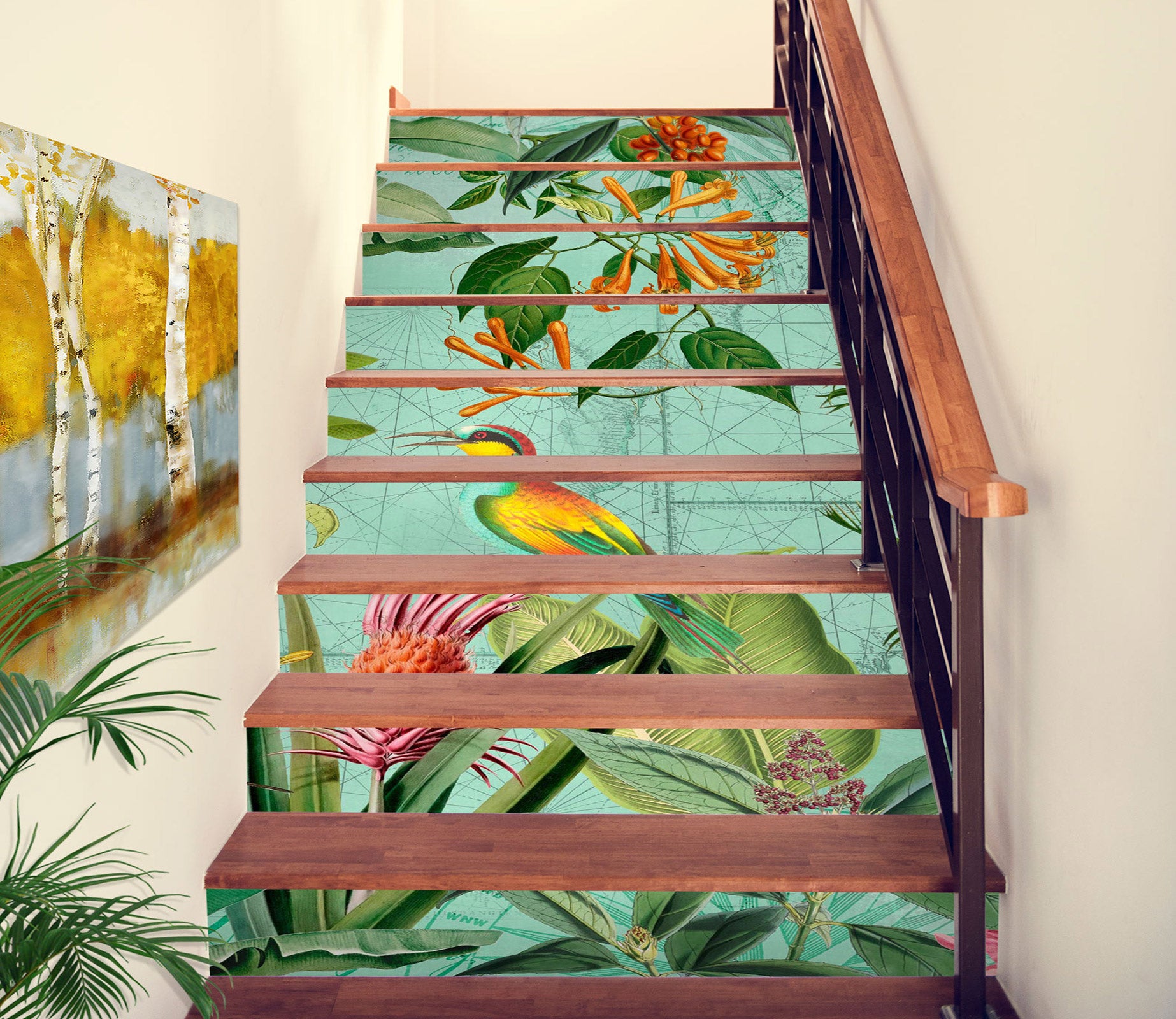 3D Green Leaves Color Bird 104115 Andrea Haase Stair Risers