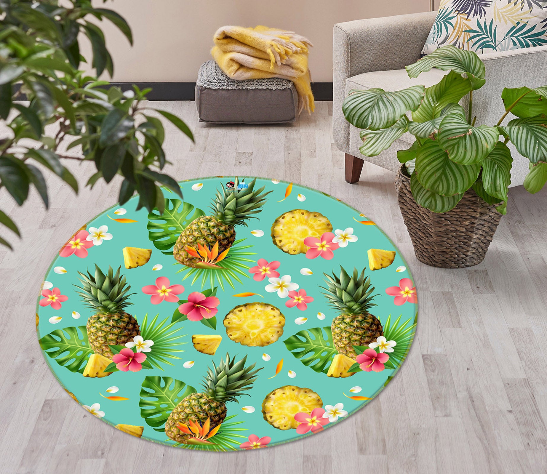 3D Pineapple 75047 Round Non Slip Rug Mat